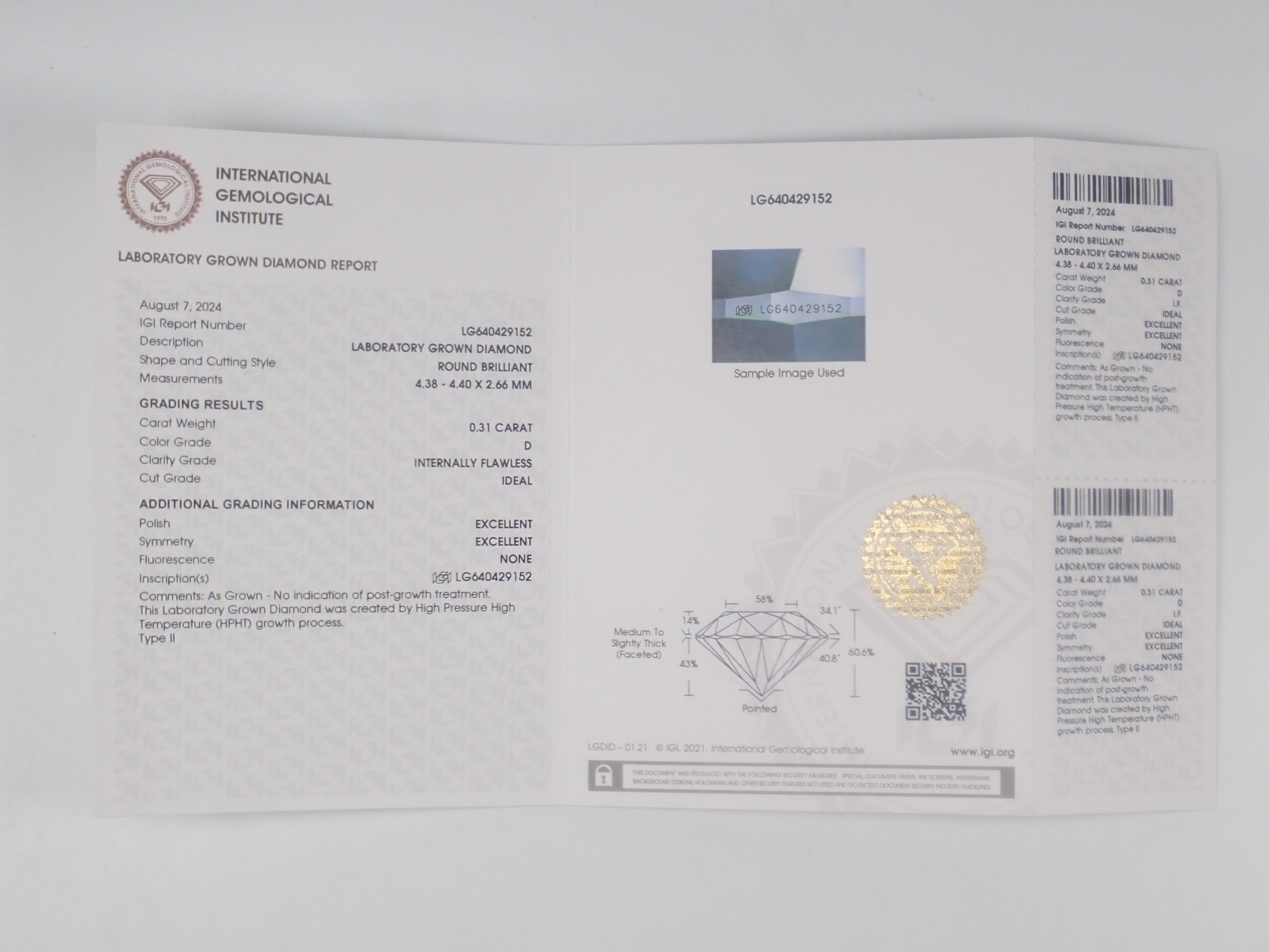 【32501759掲載】ラボグロウンダイヤモンド(合成ダイヤモンド) 0.310ctルース(D, IF, IDEAL)