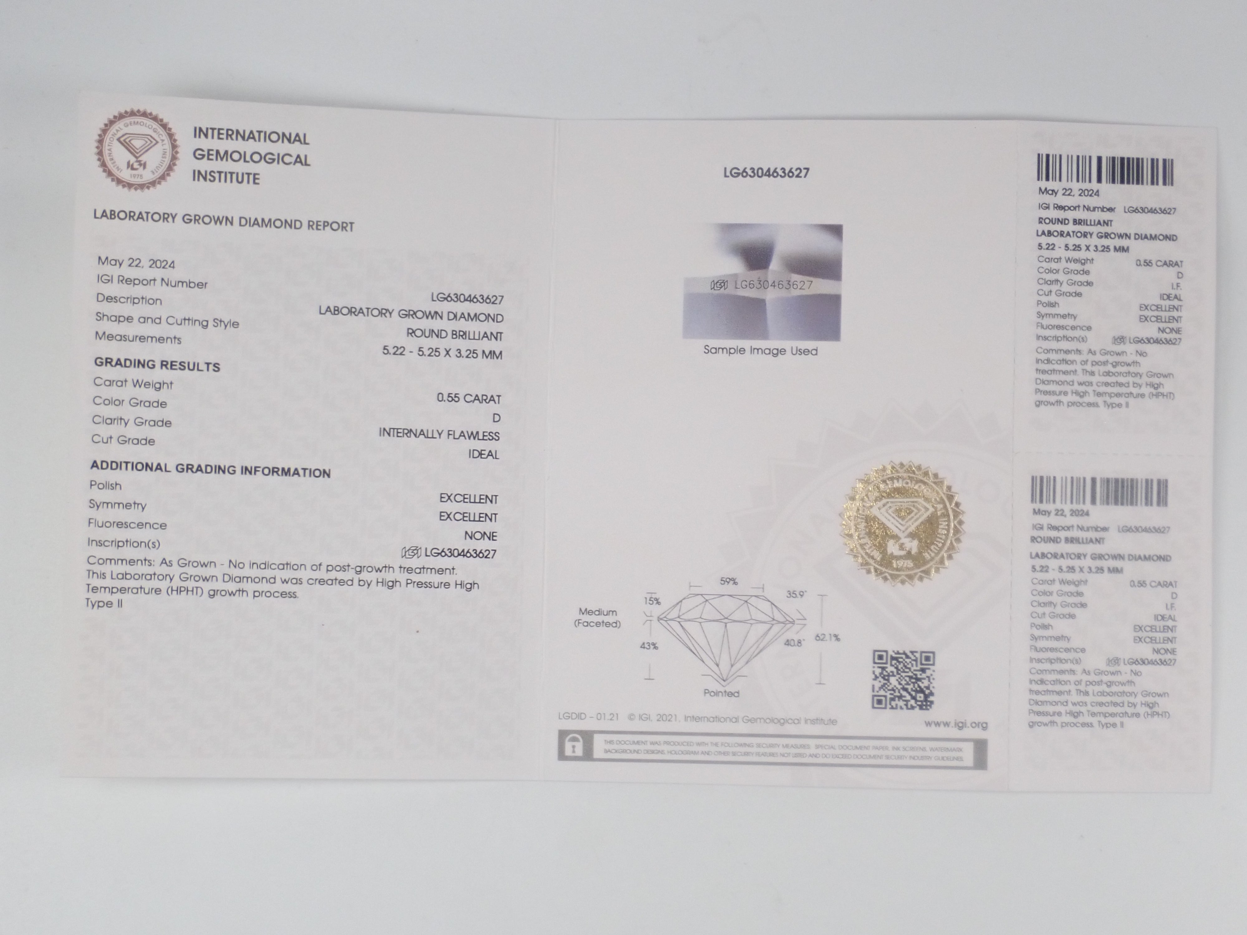 【32501762掲載】ラボグロウンダイヤモンド(合成ダイヤモンド) 0.550ctルース(D, IF, IDEAL)