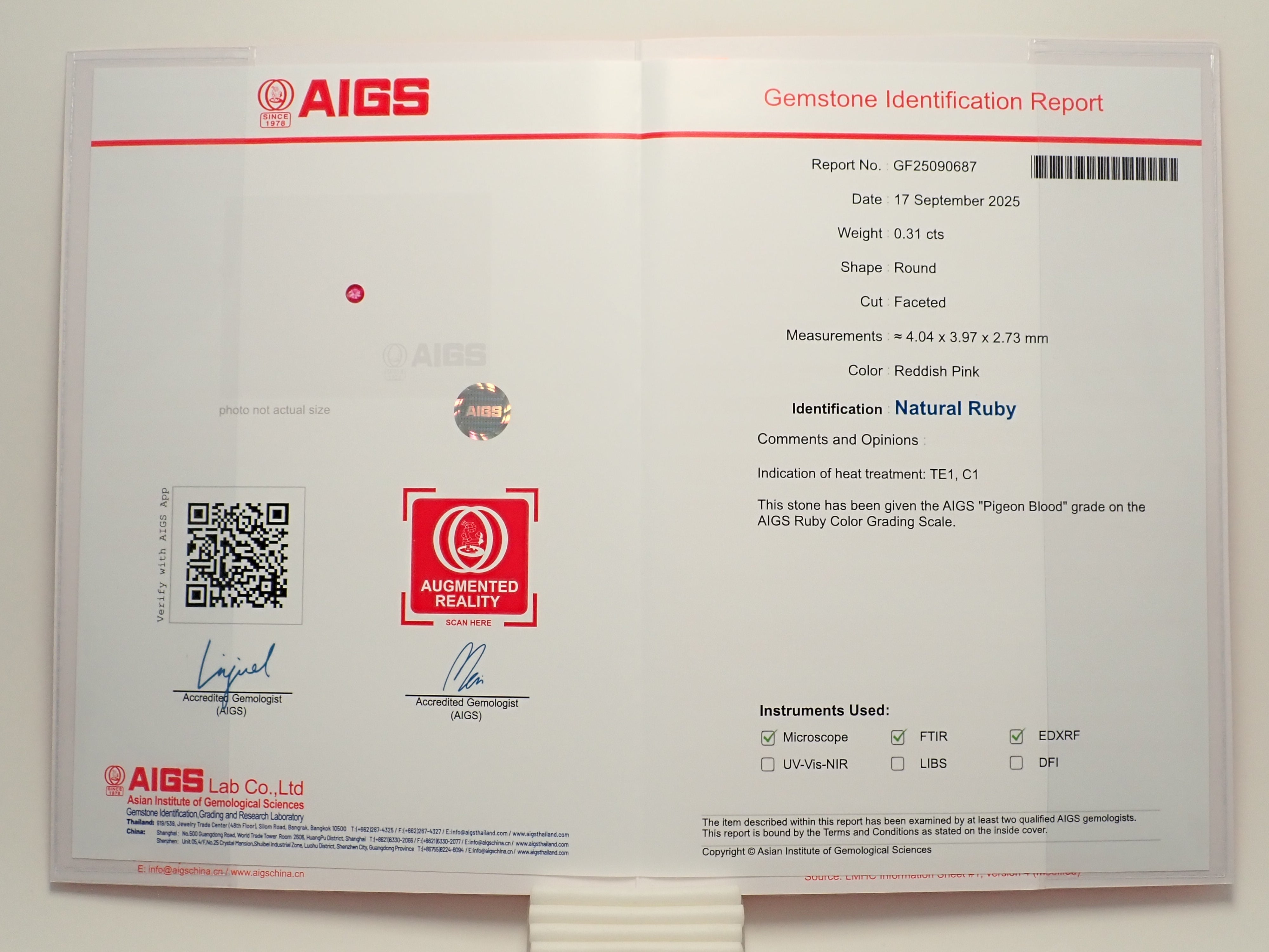 Pigeon blood ruby 0.310ct loose