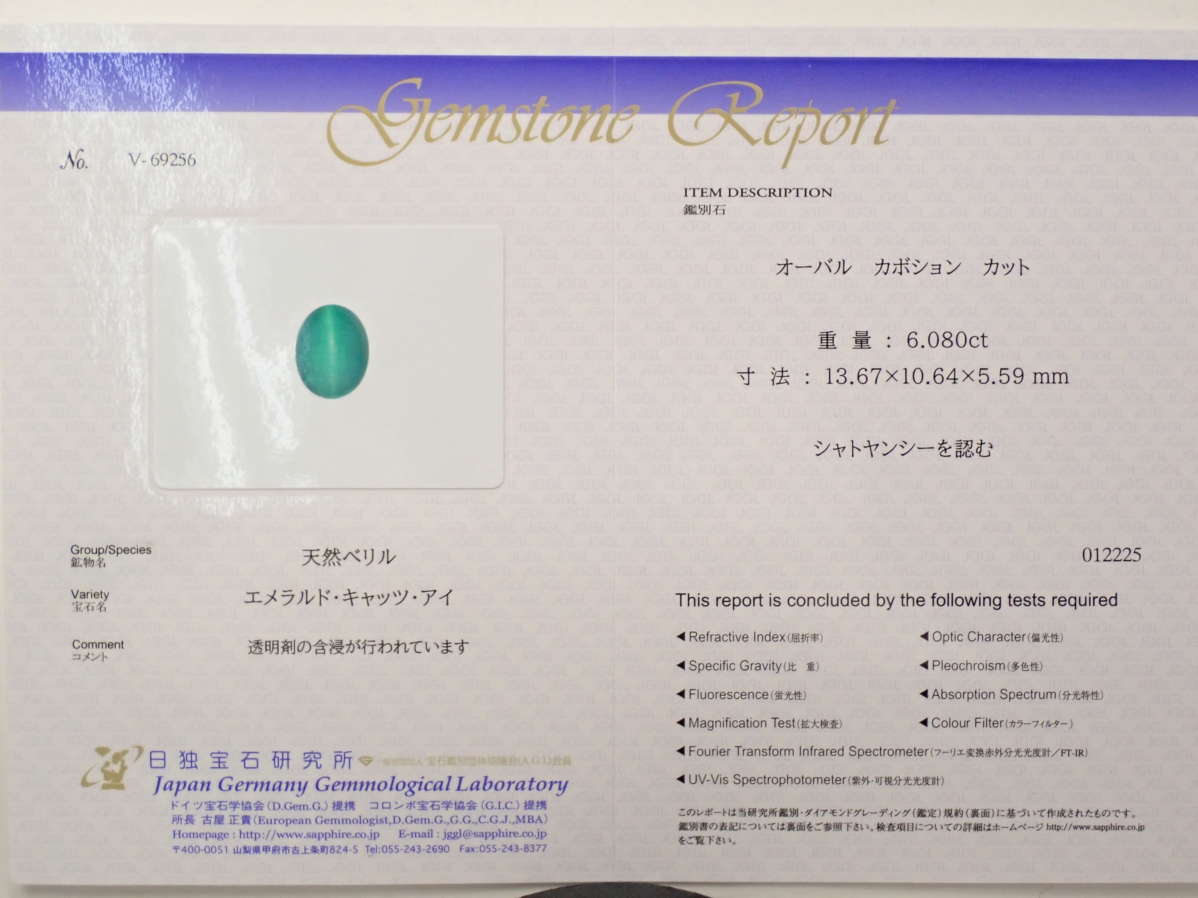 【Lottery Sale 0731_08】Brazilian Emerald Cat's Eye 6.083ct Loose Gemstone with Japanese and German Gemological Report