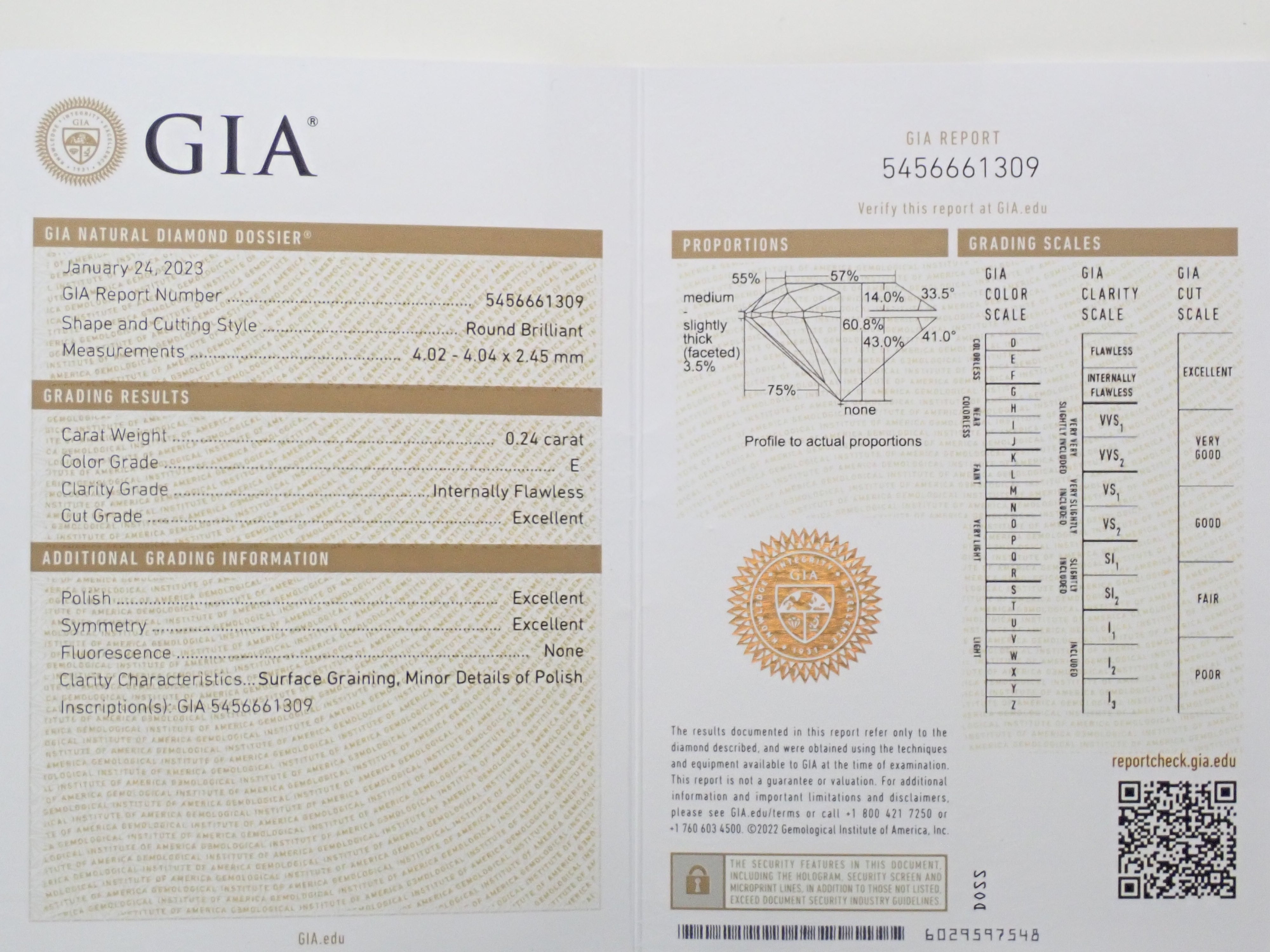 インターナリーフローレスダイヤモンド 4mm/0.240ctルース(E, IF) GIA
