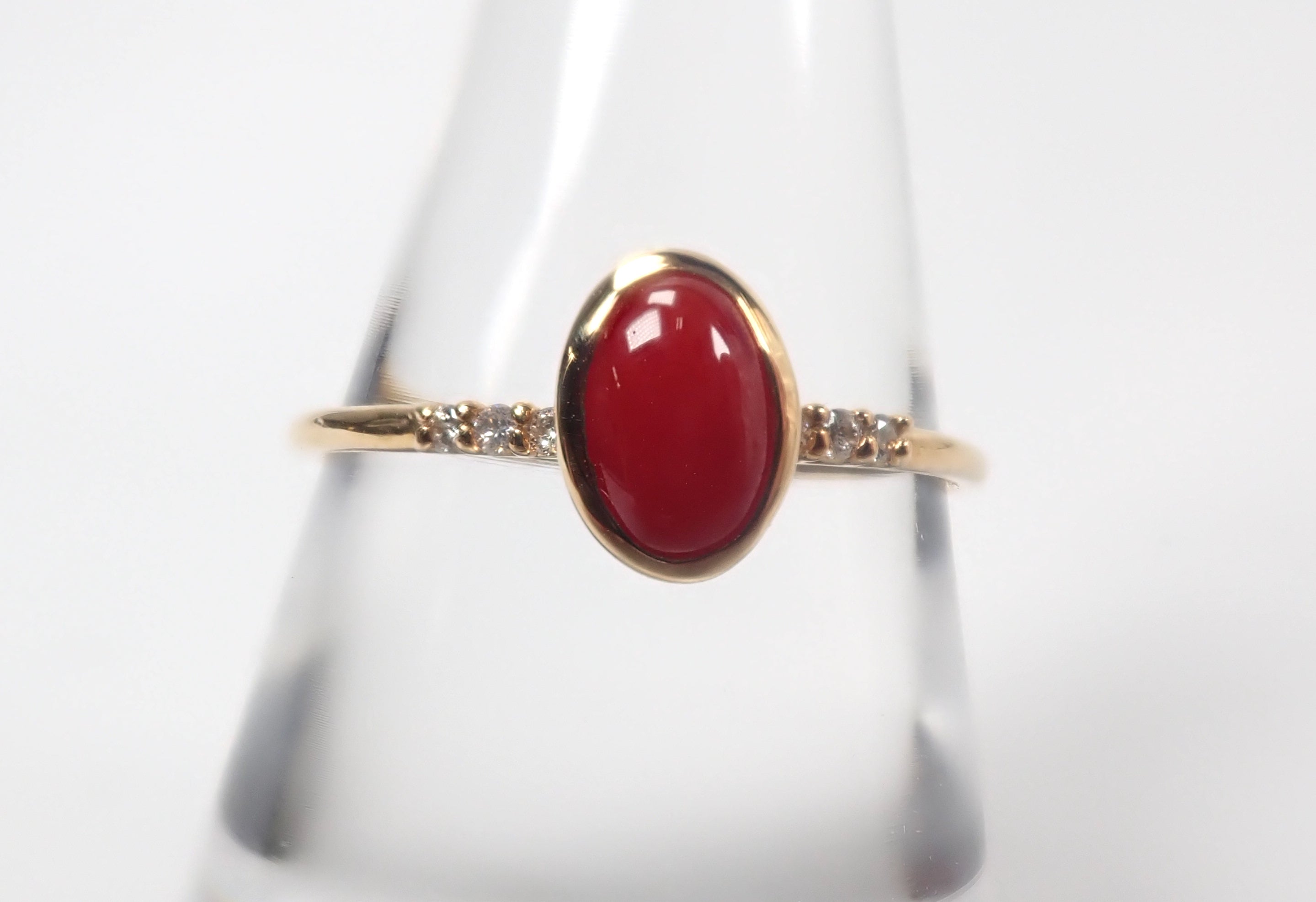 【4/15 22時販売】K18 高知県産血赤珊瑚 0.41ct・ダイヤモンド0.03ctリング