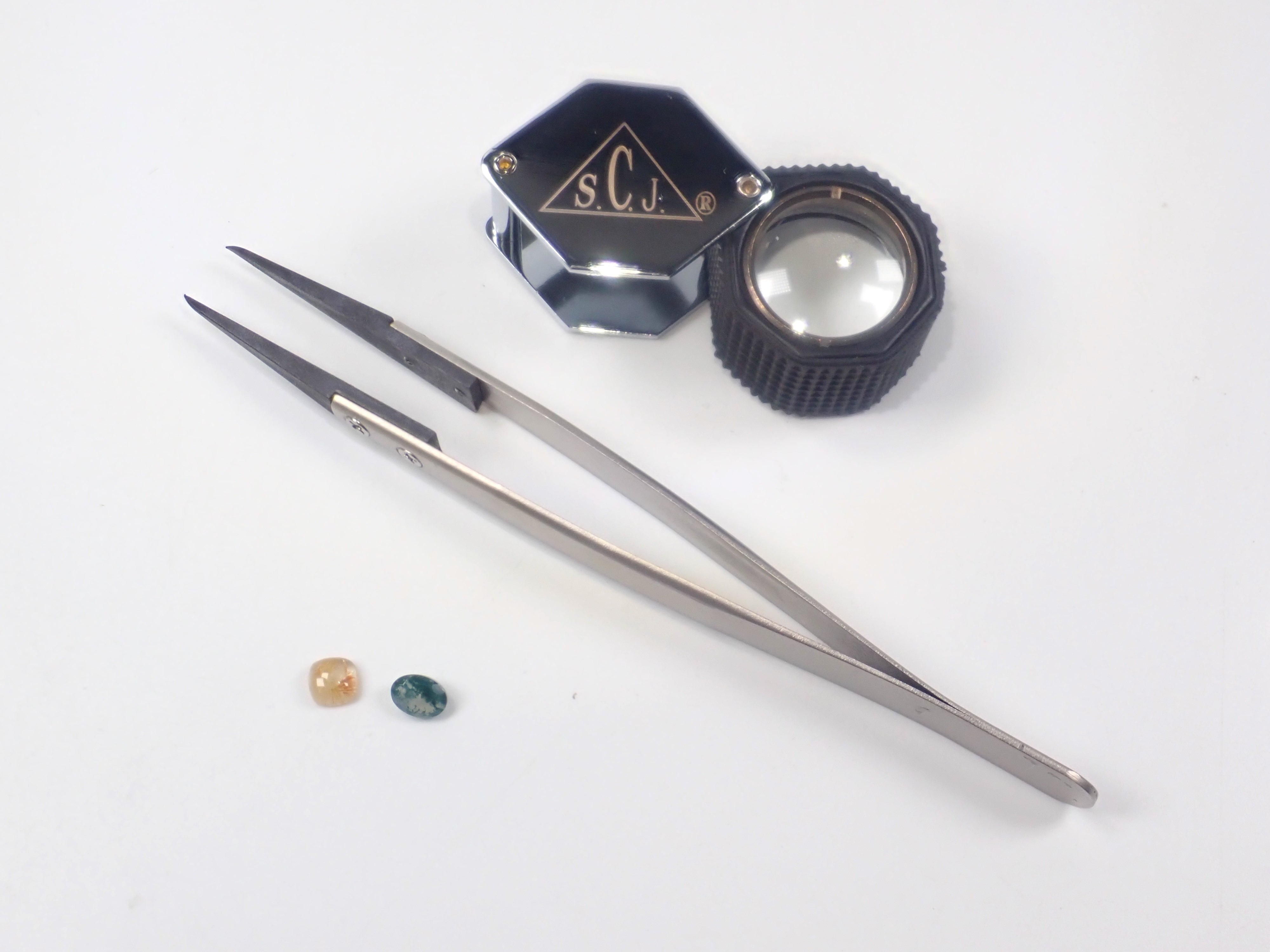 【宝石商の道具】ルーペ(倍率10倍)・ピンセット・ルース2石の4点セット