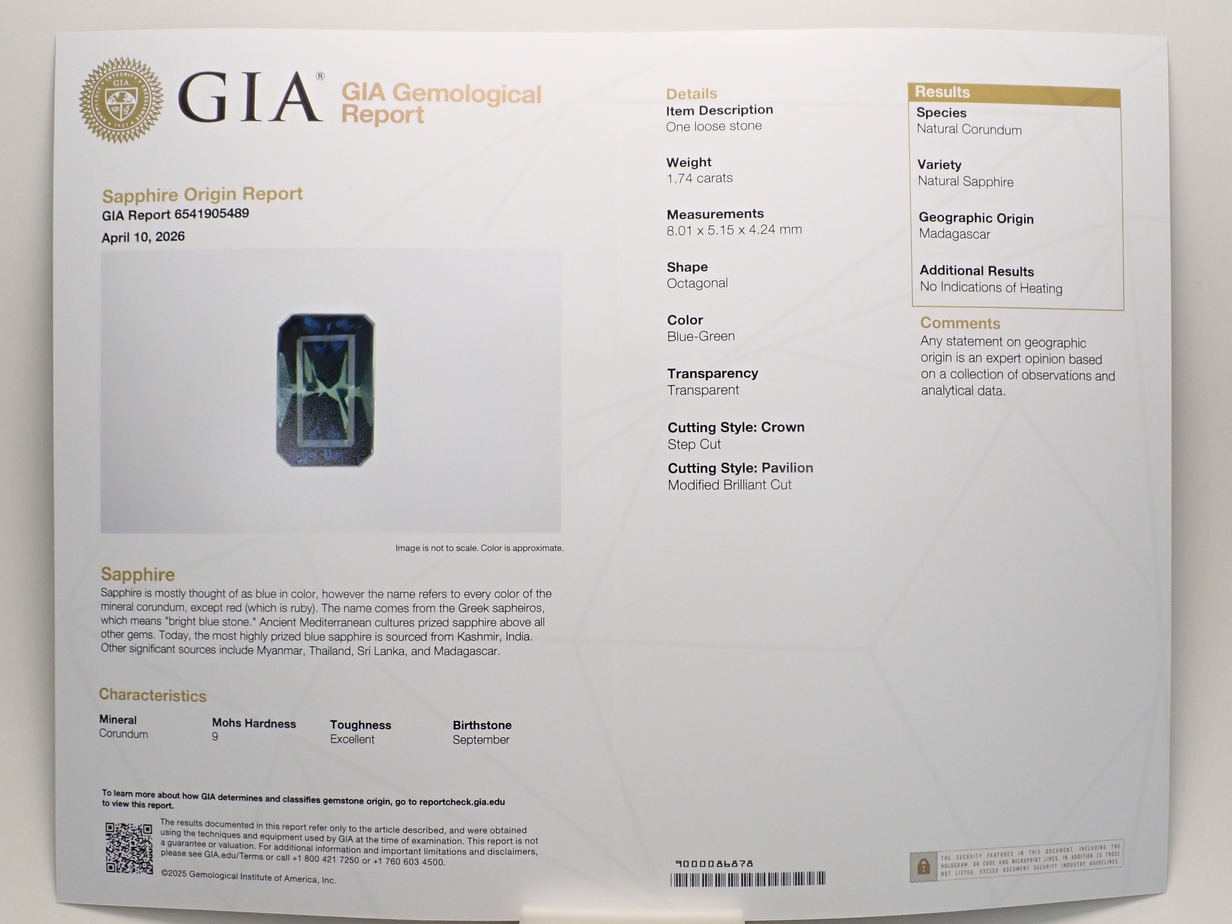 【12562747掲載】マダガスカル産非加熱ティールグリーンサファイア 1.740ctルース