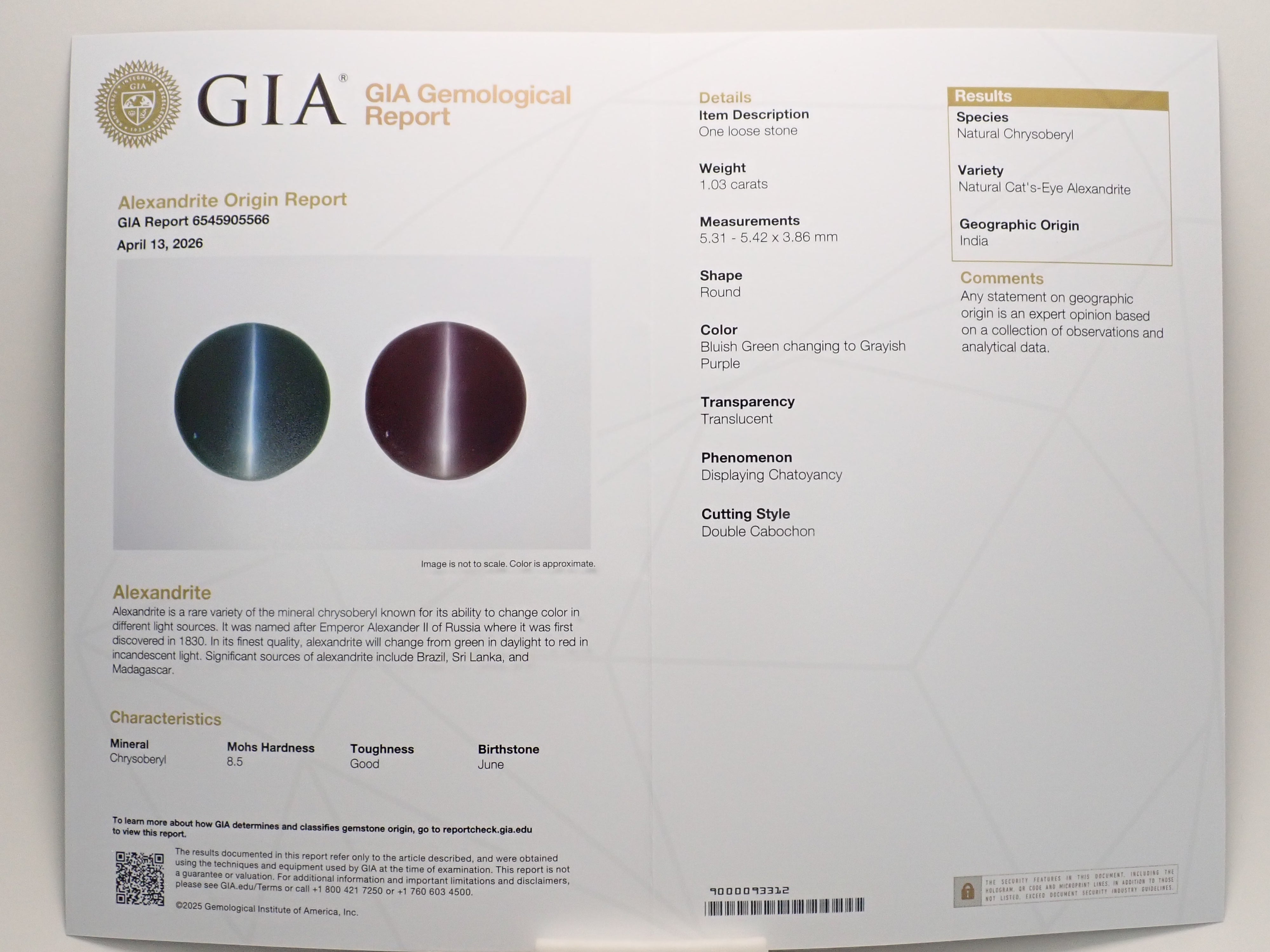 【12562746掲載】インド産アレキサンドライトキャッツアイ 1.030ctルース