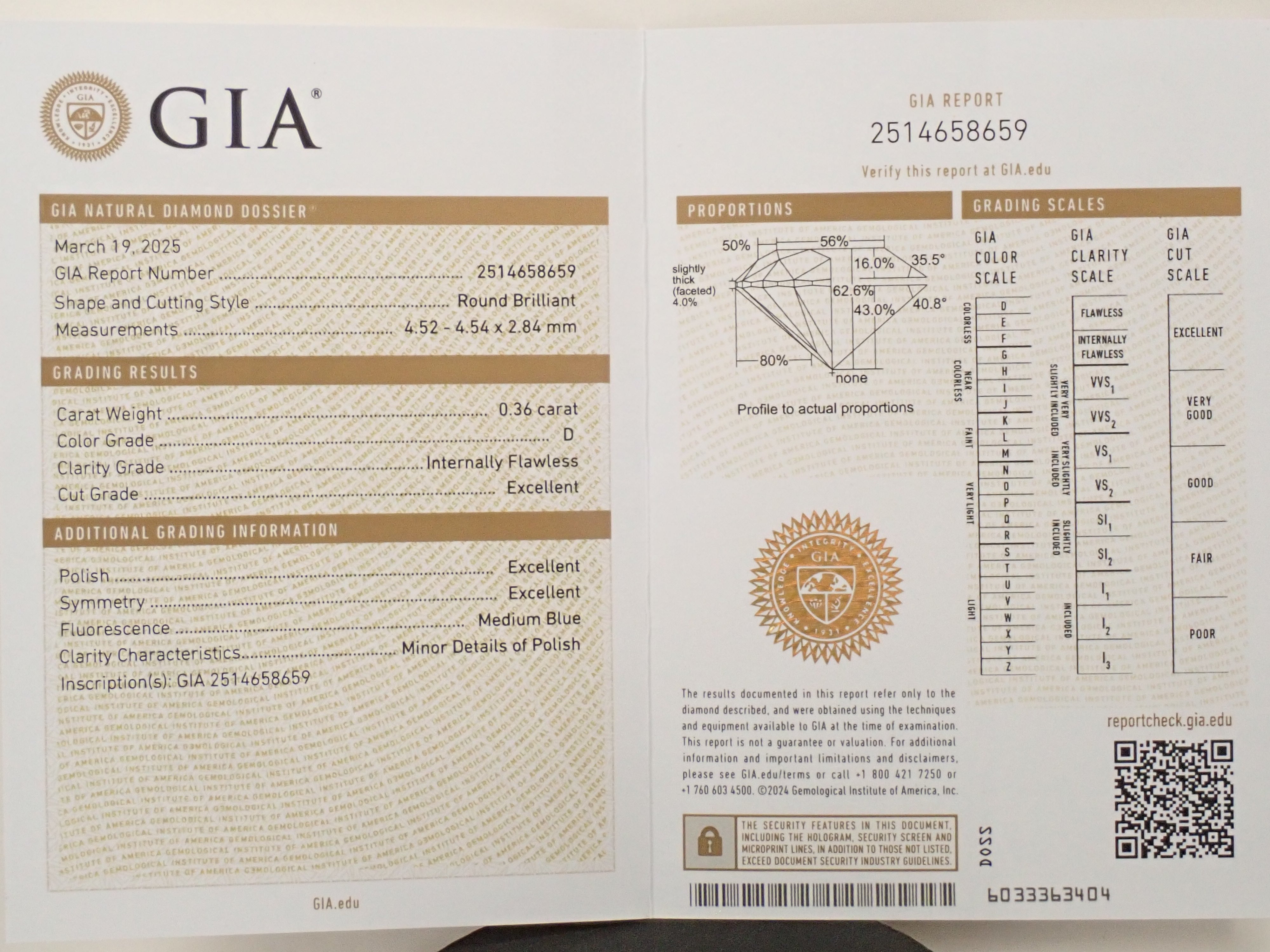 【32501883掲載】インターナリーフローレスダイヤモンド(H&C) 0.360ctルース(D, IF, 3Excellent H&C)