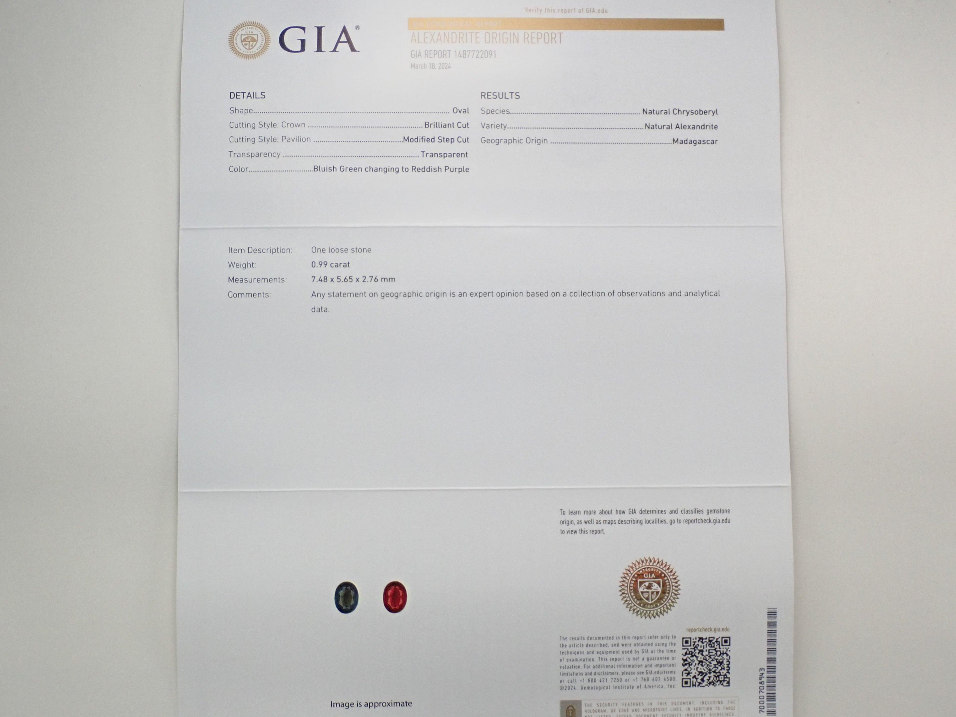 マダガスカル産アレキサンドライト 0.990ctルース(シルキーアレキサンドライト) GIA