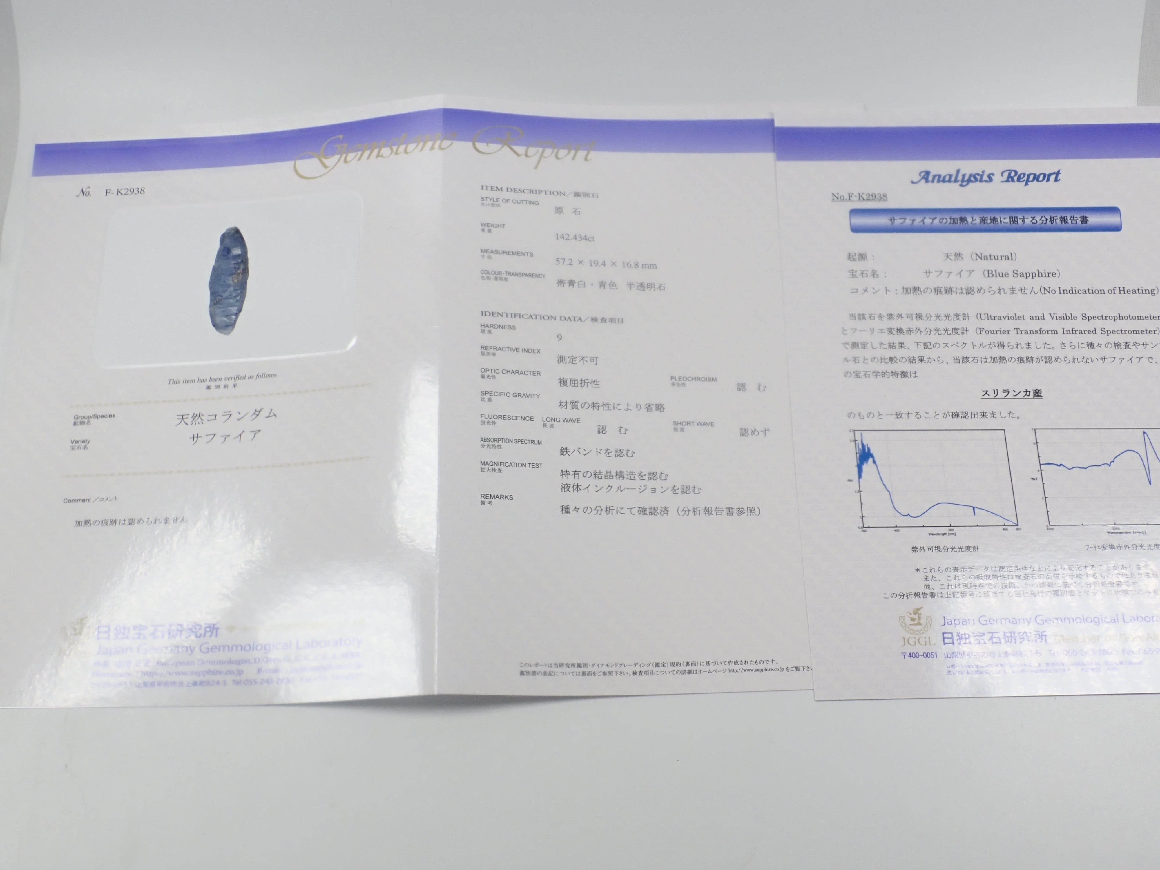 【5/5 22點販售】斯里蘭卡產未加熱藍寶石(玻璃體/藍寶石晶體) 142.434ct原石 鑑定書