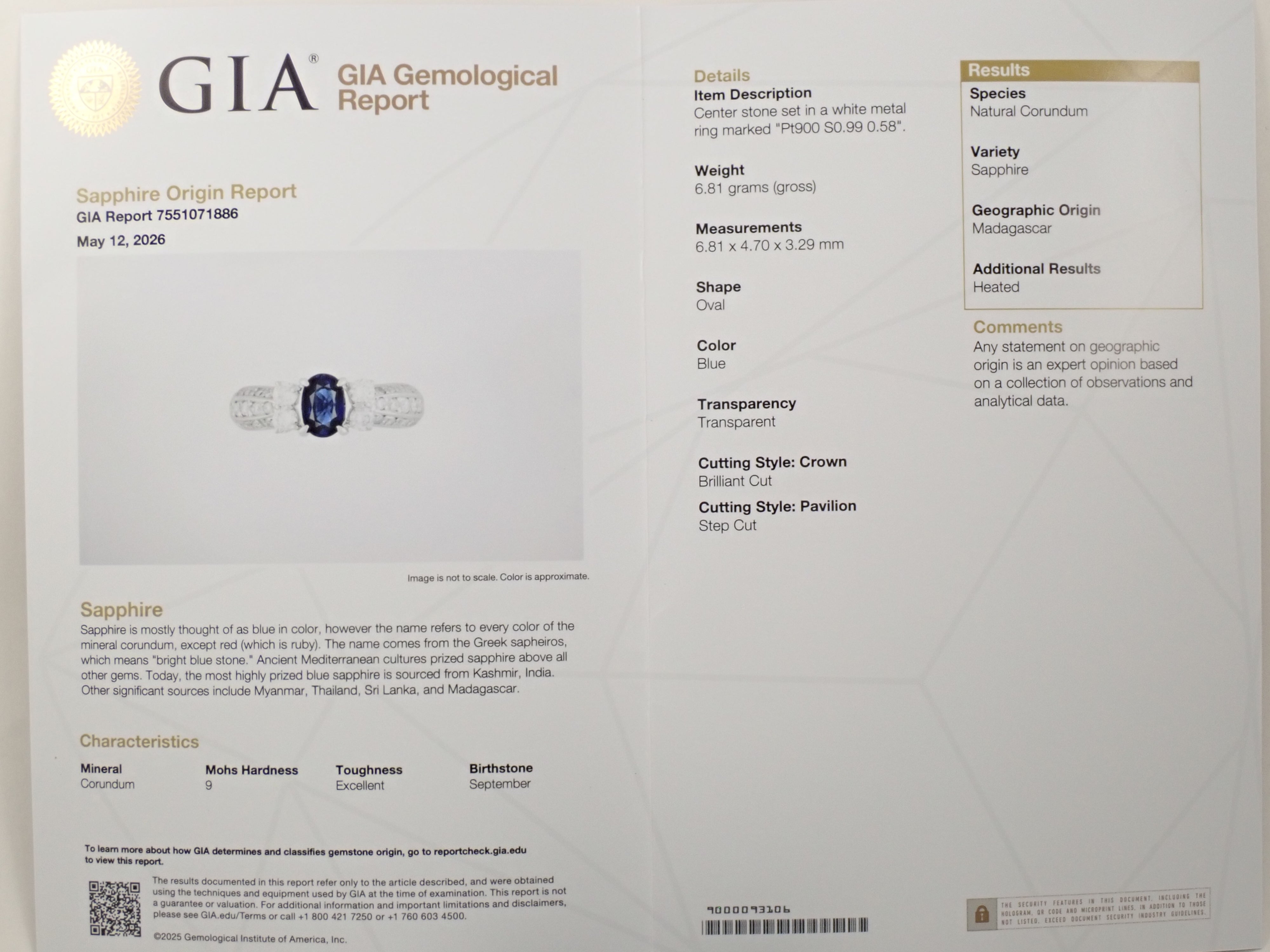 【22602609掲載】【カラフリ】Pt900 マダガスカル産サファイア 0.99ct リング