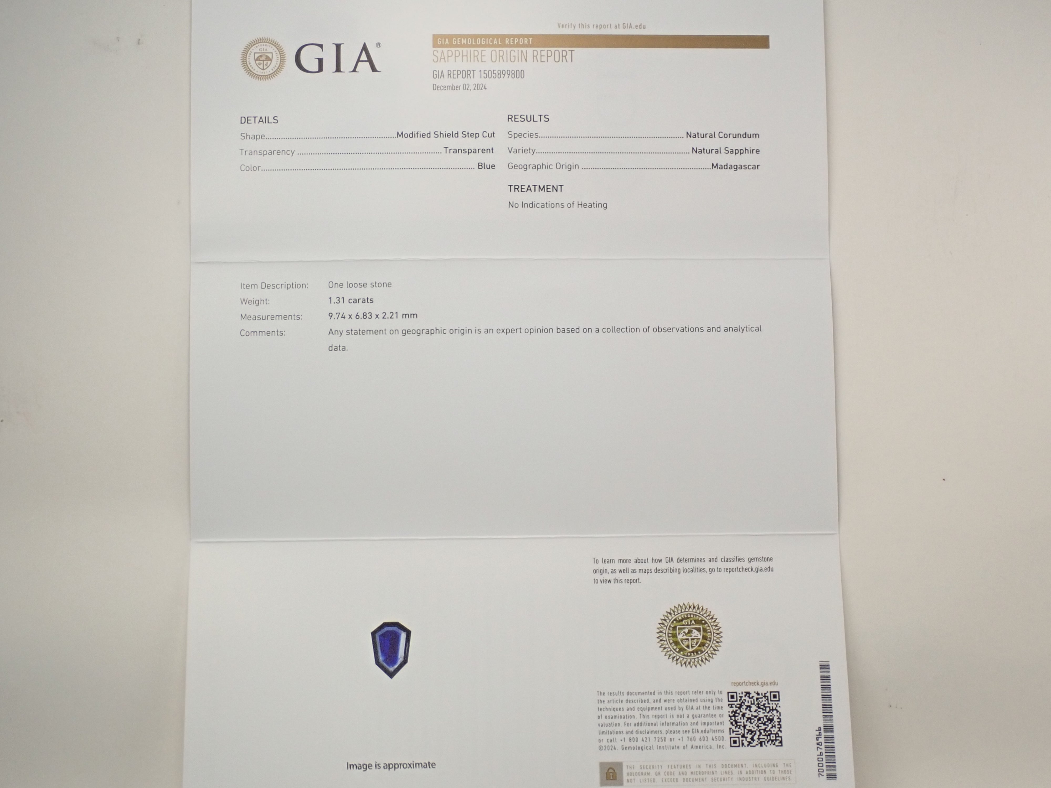 マダガスカル産非加熱ブルーサファイア 1.310ctルース GIA