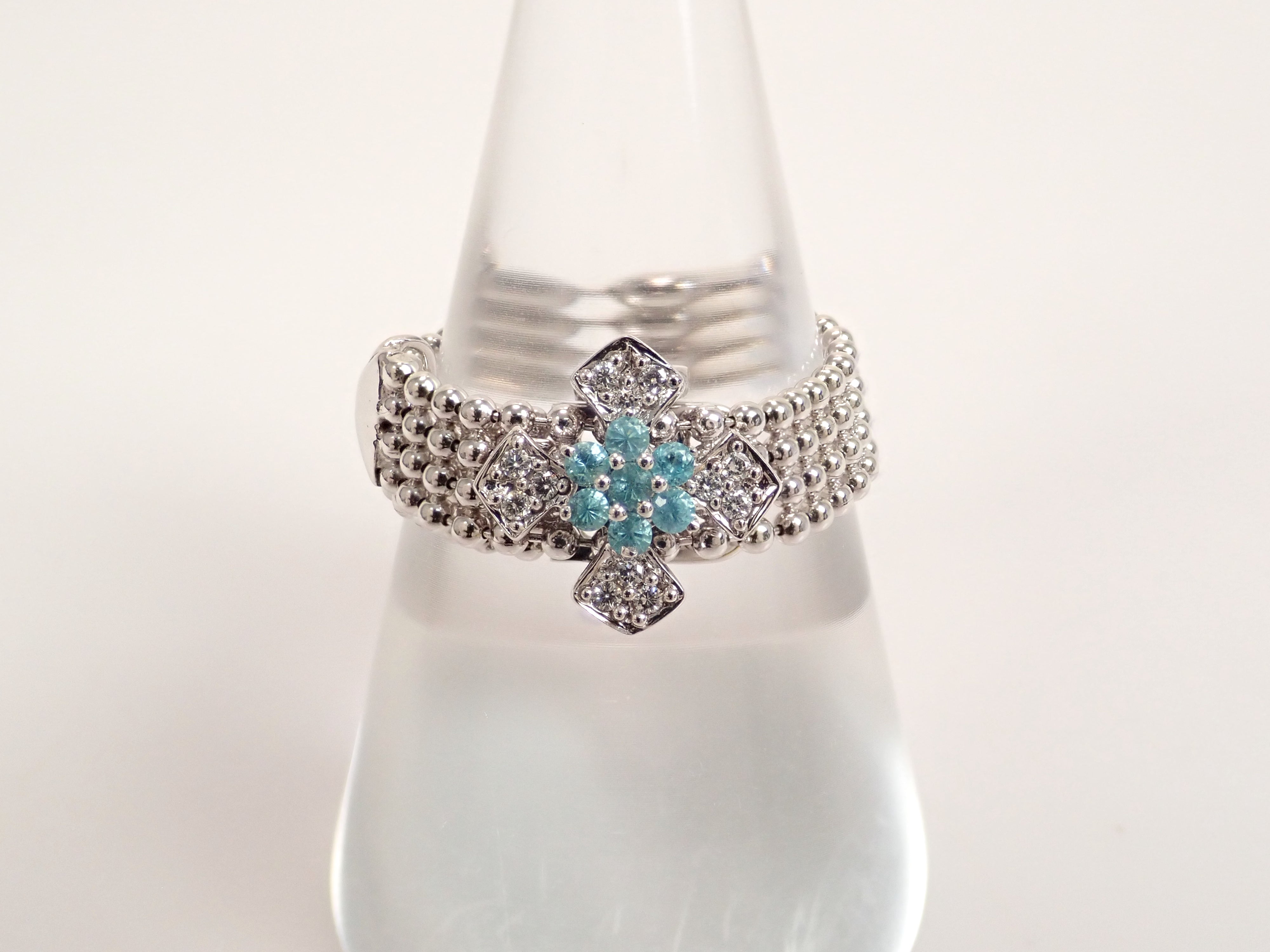 【8/18 22時販売】【カラフリ】K18WG パライバトルマリン 0.09ct・ダイヤモンド0.06ctリング(CuO:1.0%、MnO:0.4%)