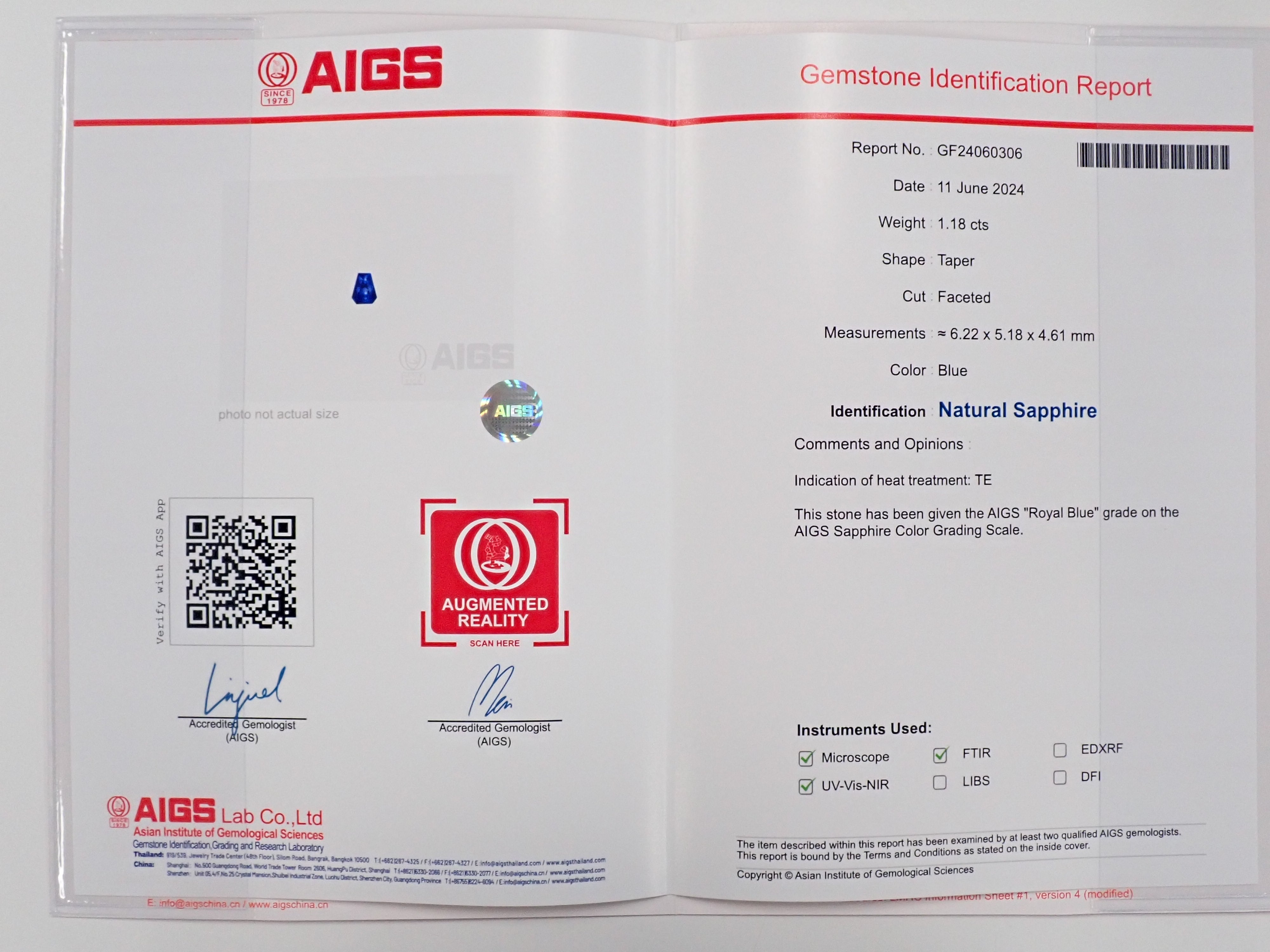 寶藍色藍寶石 1.182 克拉裸石(小牛頭)AIGS