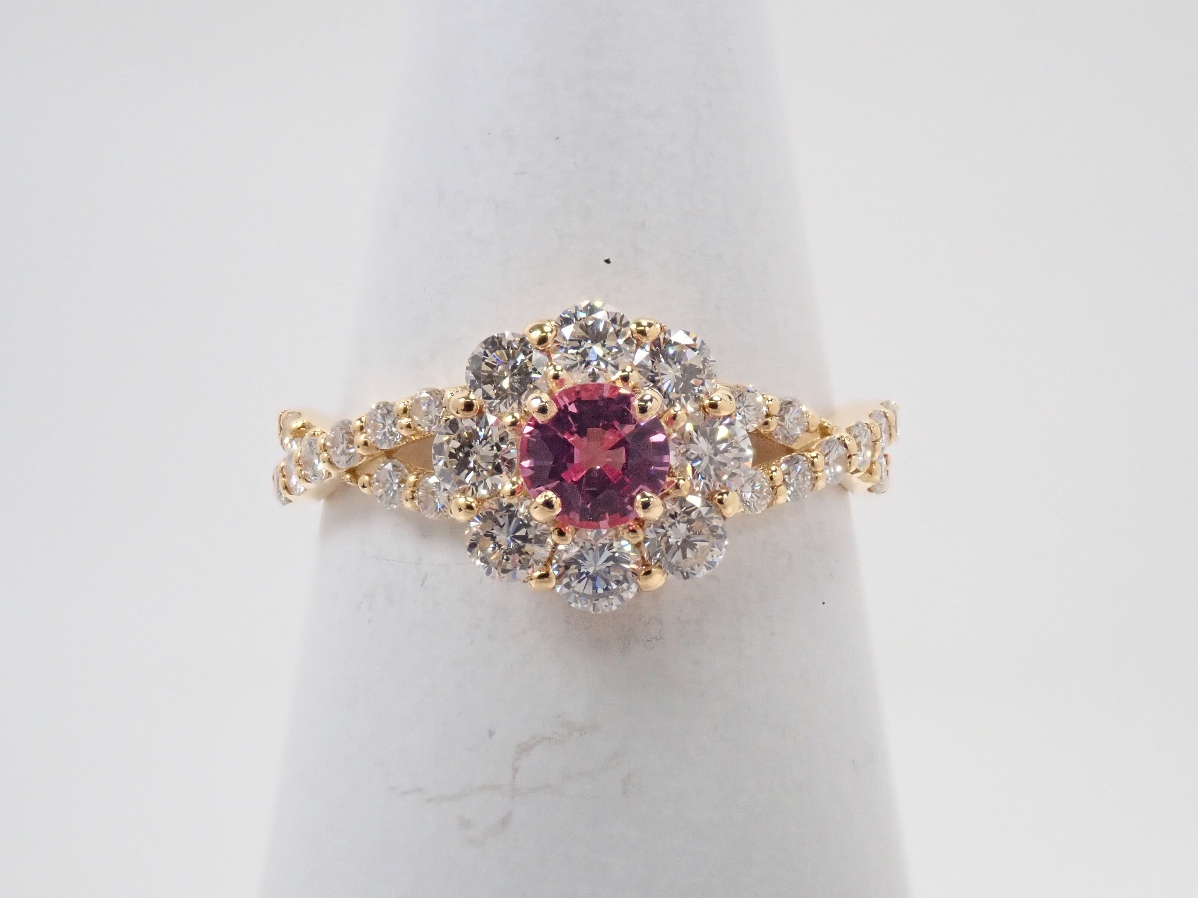 【抽選販売0812_10】K18 マダガスカル産パパラチアサファイア 0.278ct・ダイヤモンド0.67ctリング DGL鑑