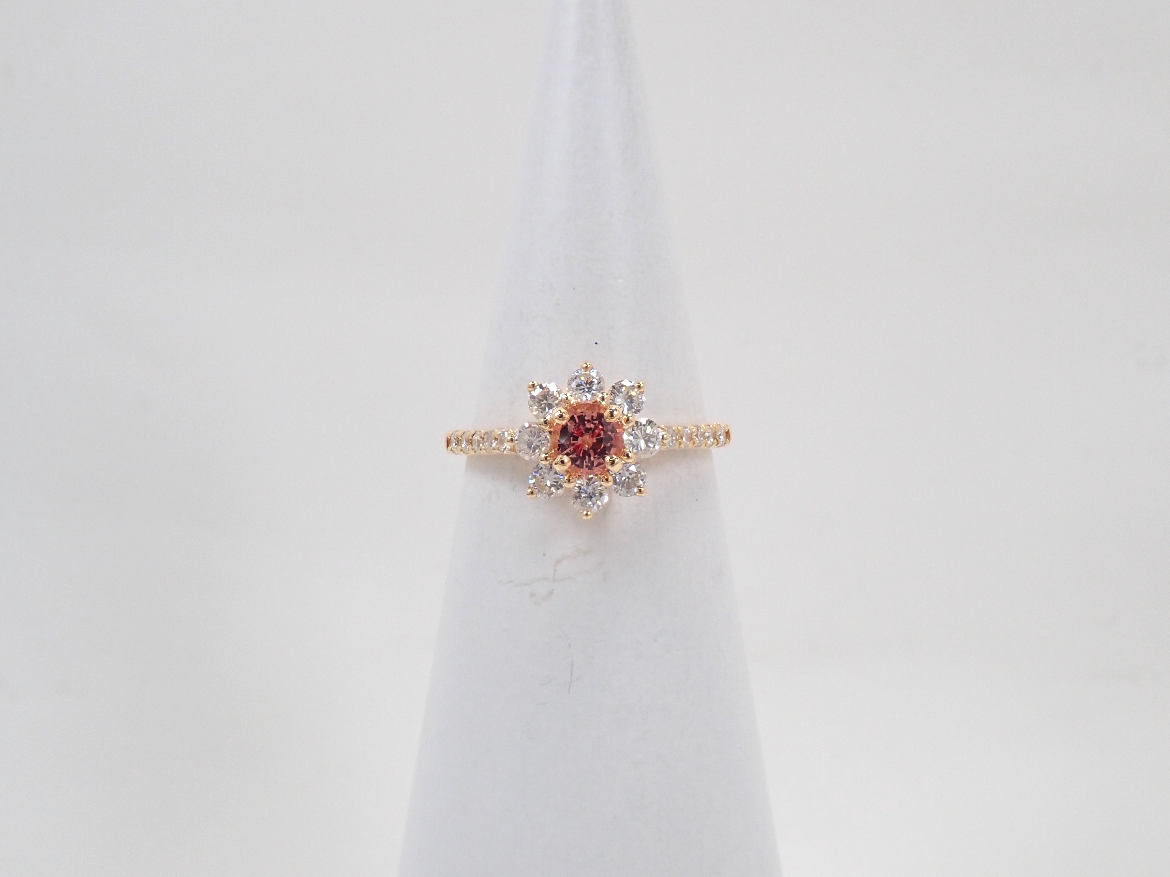【9/6 22時販売】K18 マダガスカル産パパラチアサファイア 4.3mm/0.412ct・ダイヤモンド0.57ctリング 中宝鑑