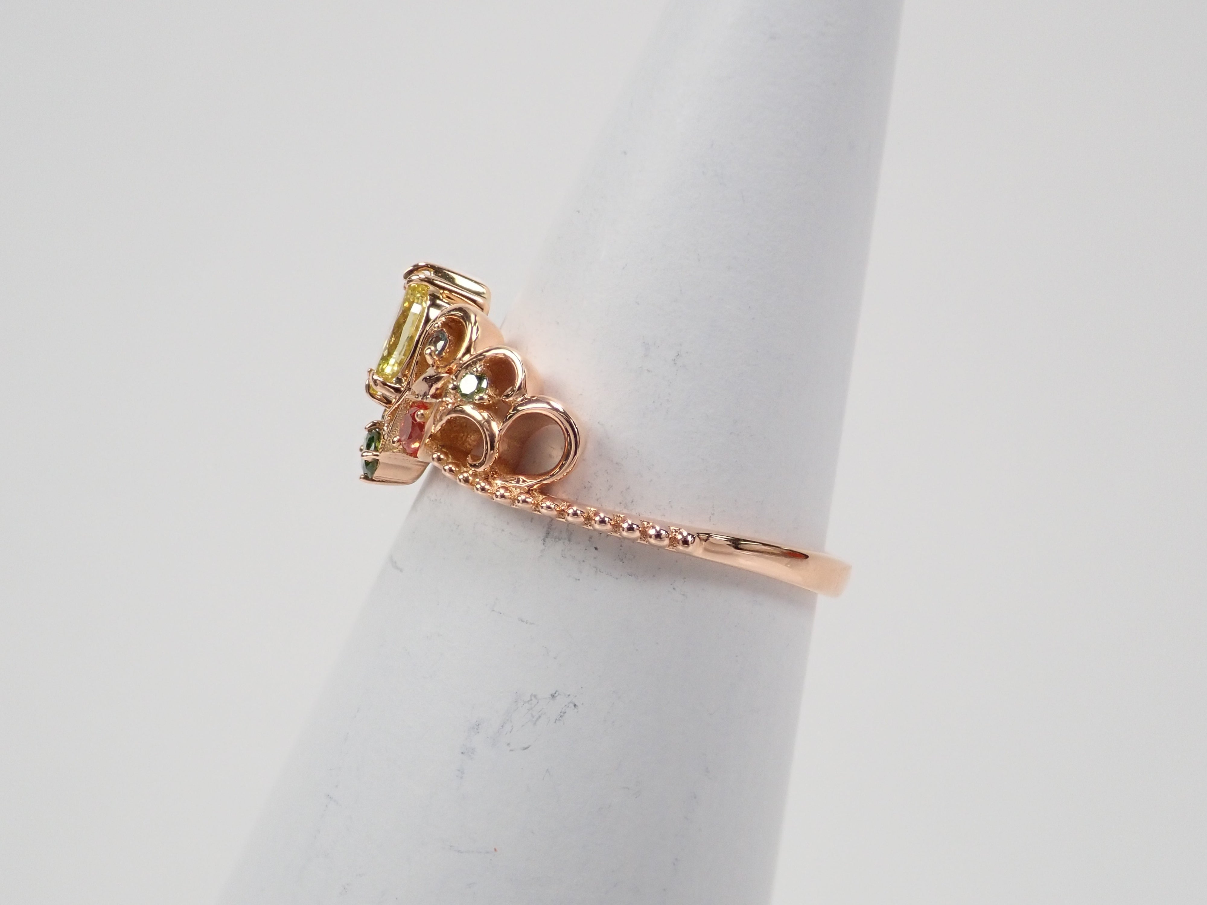 K18PGカナリーイエローダイヤモンド(トリートメント)0.214ct・アレキサンドライトリング 中宝付