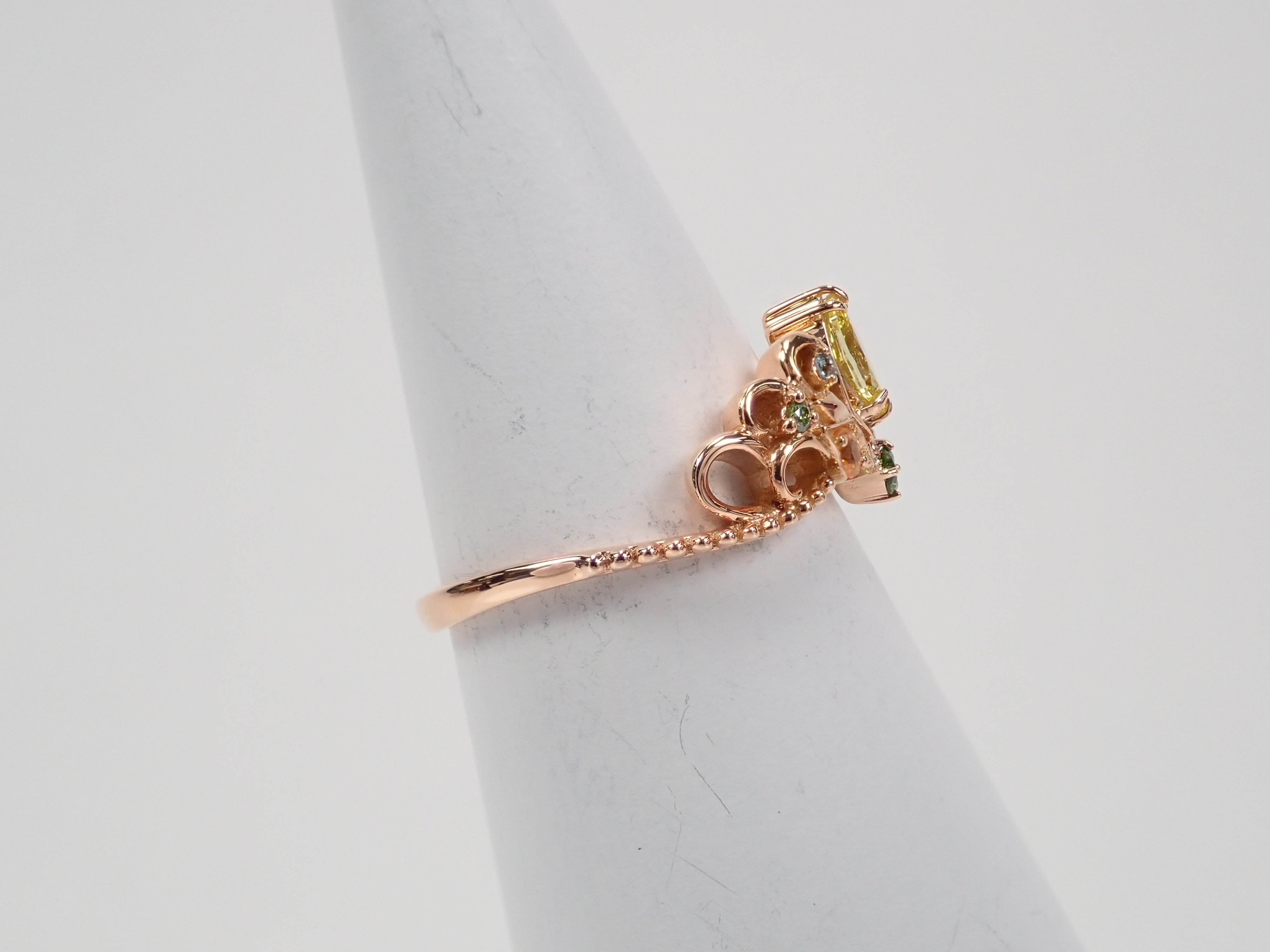 K18PGカナリーイエローダイヤモンド(トリートメント)0.214ct・アレキサンドライトリング 中宝付