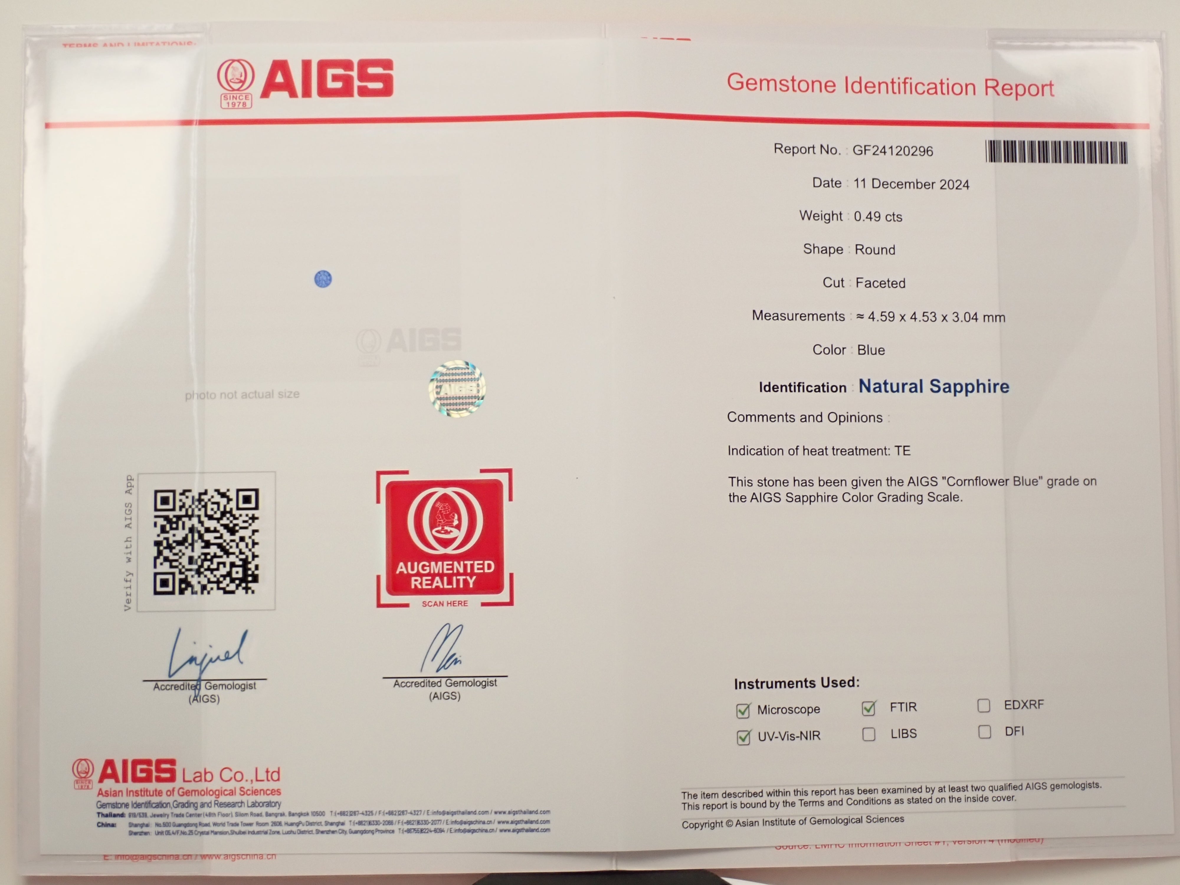 コーンフラワーブルーサファイア 4.5mm/0.490ctルース AIGS