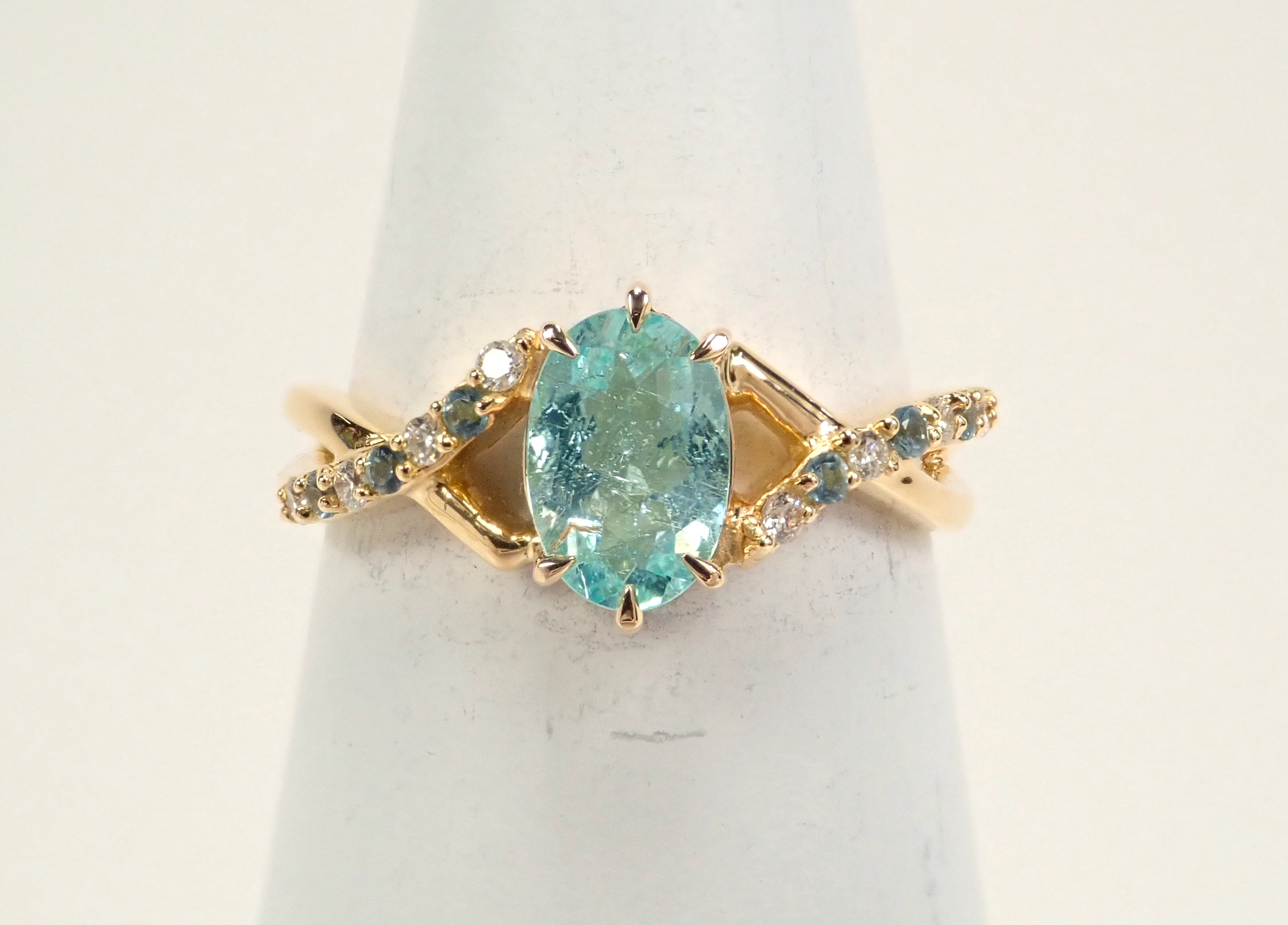 抽選販売083104_K18YG モザンビーク産パライバトルマリン 0.649ct・ロンドンブルートパーズ・ダイヤモンドリング 中宝分析報告書