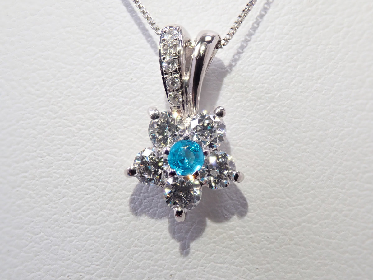 【9/20 22時販売】【カラフリ】Pt900/Pt850 ブラジル産パライバトルマリン 0.08ct(CuO:2.0%、MnO:1.1%)・ダイヤモンド 0.56ctペンダント(ネックレス)鑑別書