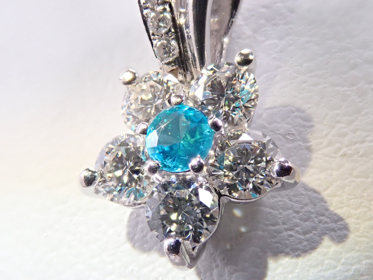 【9/20 22時販売】【カラフリ】Pt900/Pt850 ブラジル産パライバトルマリン 0.08ct(CuO:2.0%、MnO:1.1%)・ダイヤモンド 0.56ctペンダント(ネックレス)鑑別書