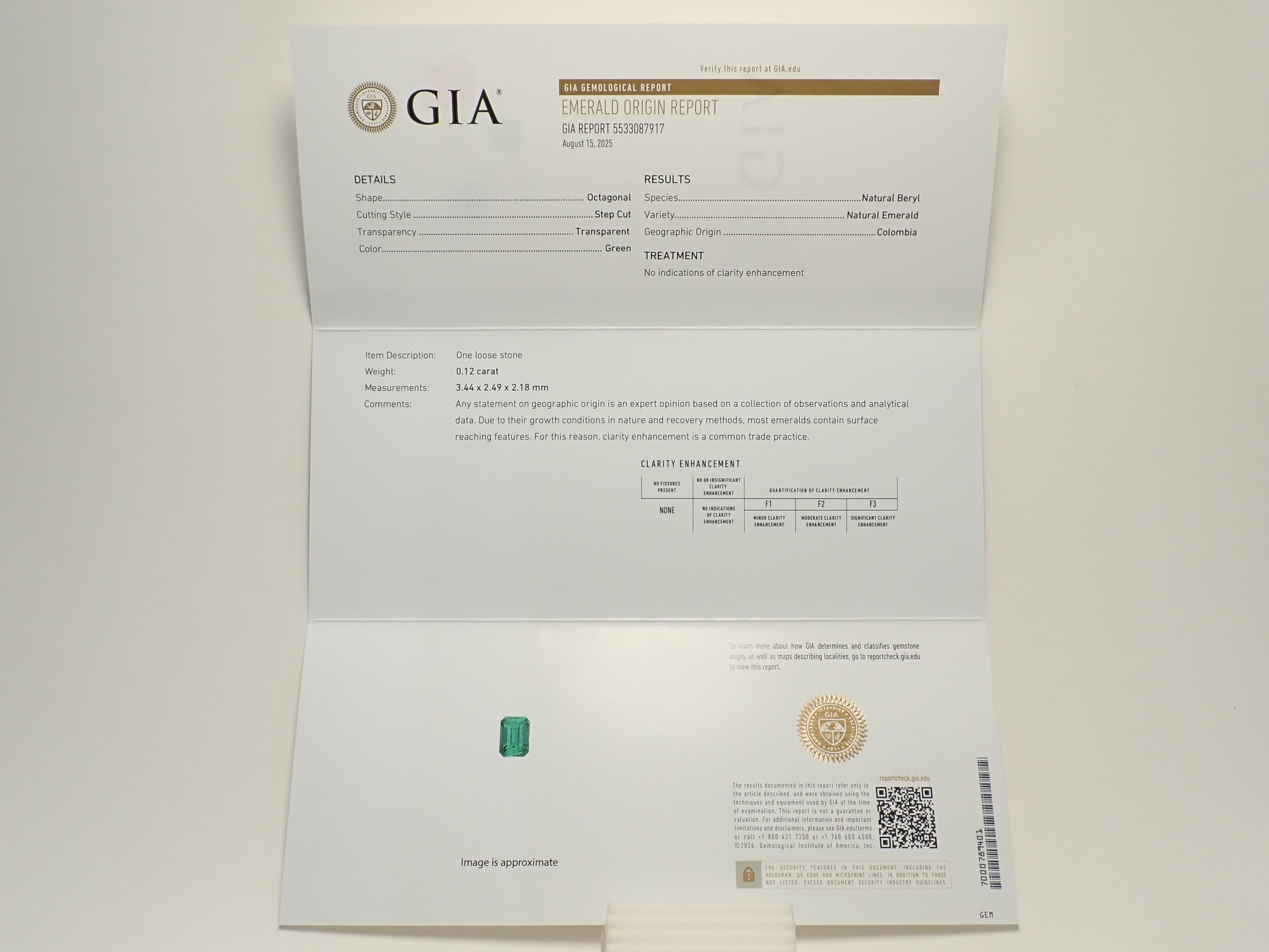 【12560392掲載】コロンビア産ノンオイルエメラルド 0.120ctルース