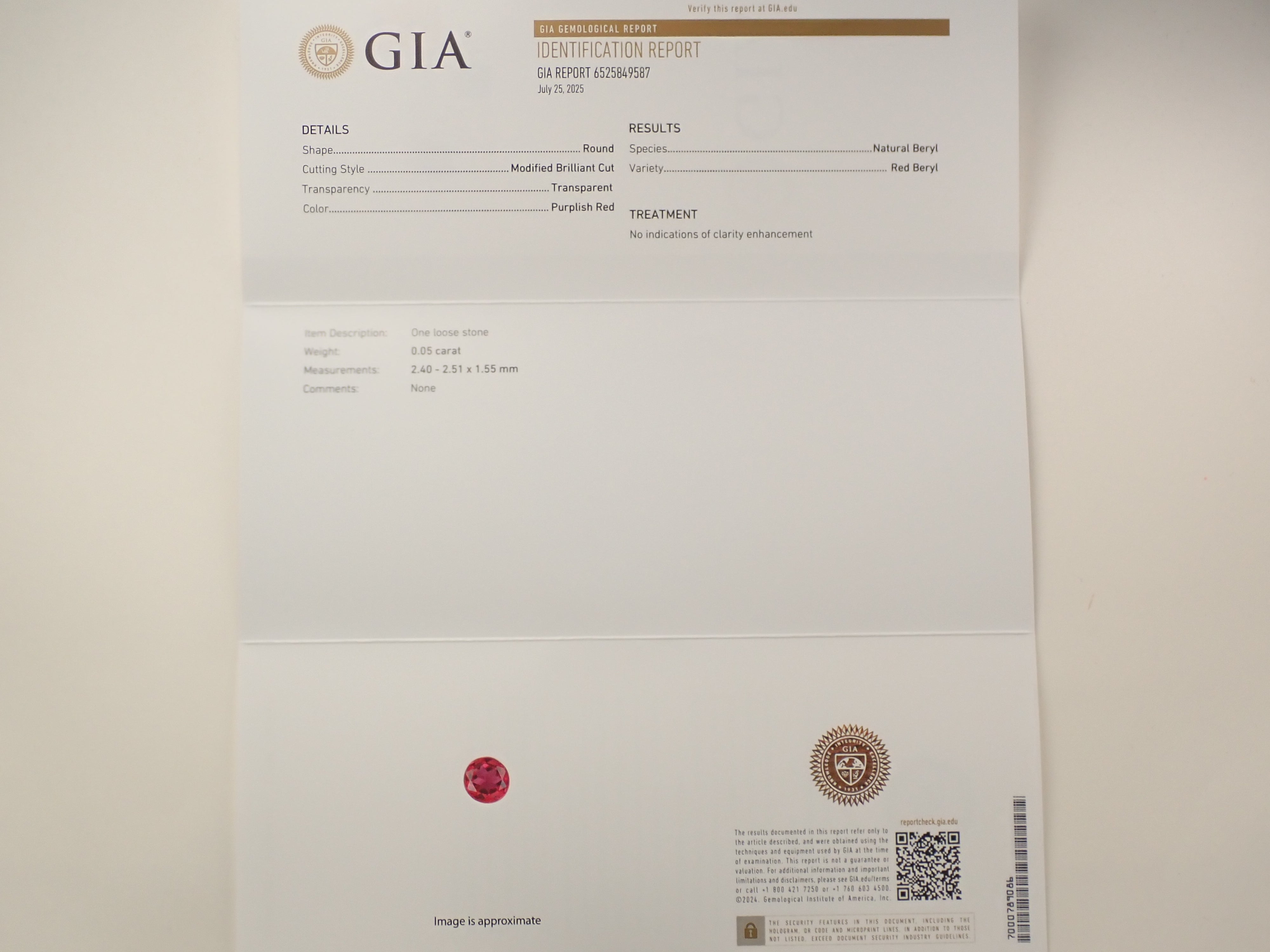 抽選販売091507_ノンオイルレッドベリル 2.5mm/0.050ctルース GIA