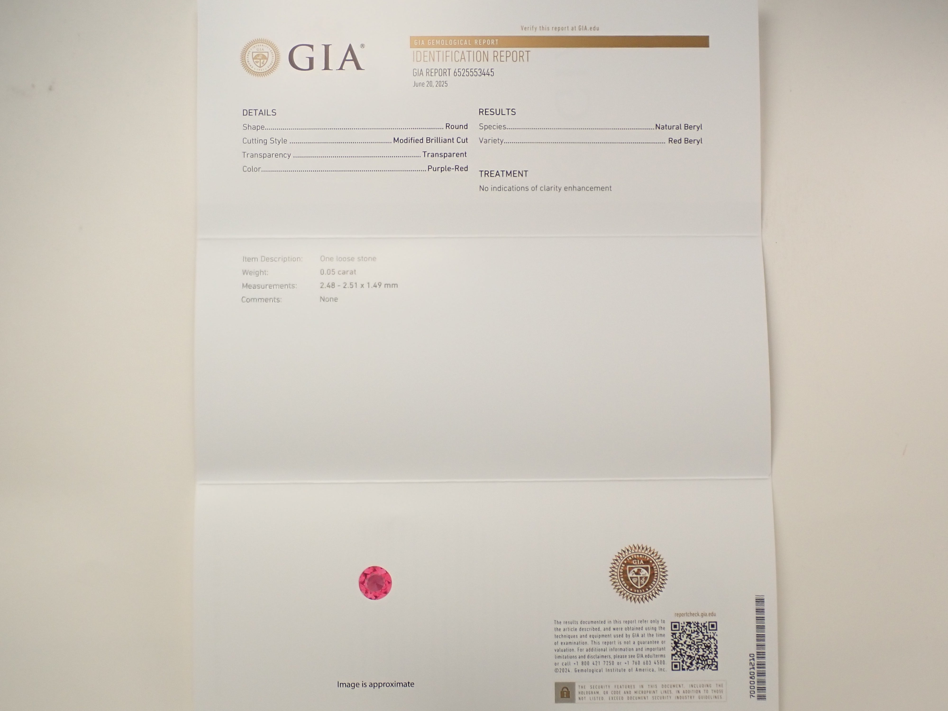 【12560390掲載】ノンオイルレッドベリル 0.050ctルース