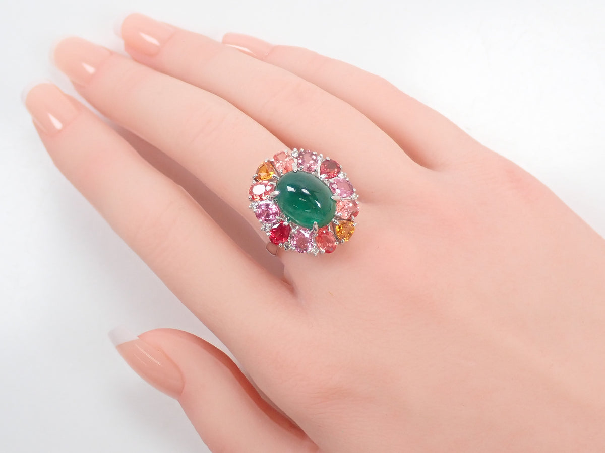 【9/24 22時販売】【カラフリ】Pt900 エメラルド 5.33ct サファイア4.52ct、ダイヤモンド0.12ctリング 宝貴協