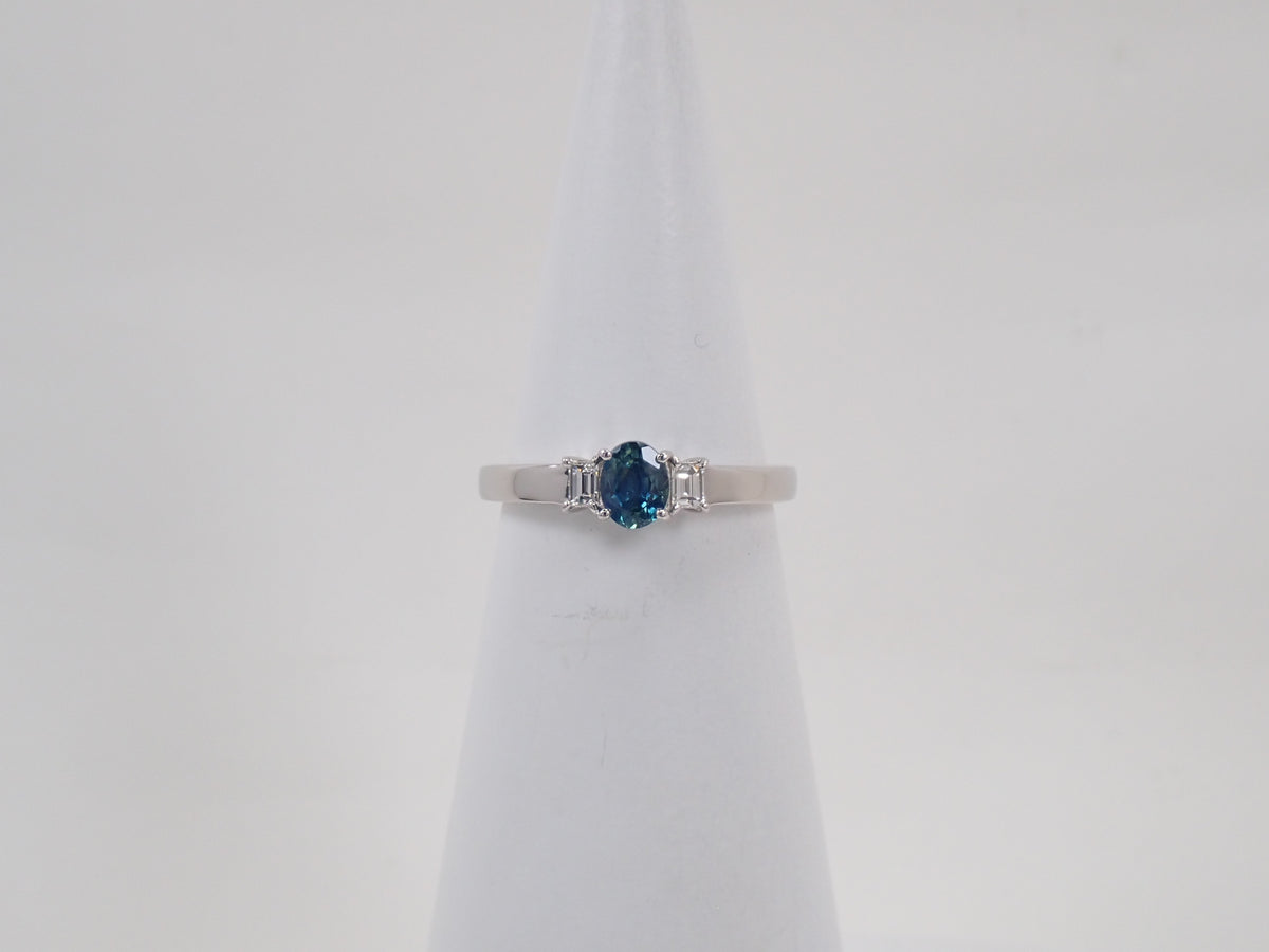 【9/24 22時販売】【カラフリ】Pt900 ティールグリーンサファイア 0.46ct ダイヤモンド0.10ctリング鑑別書