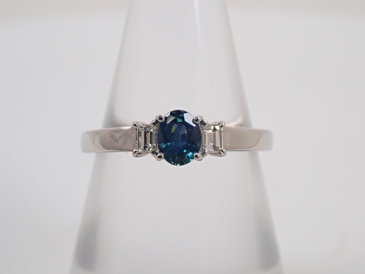 【9/24 22時販売】【カラフリ】Pt900 ティールグリーンサファイア 0.46ct ダイヤモンド0.10ctリング鑑別書