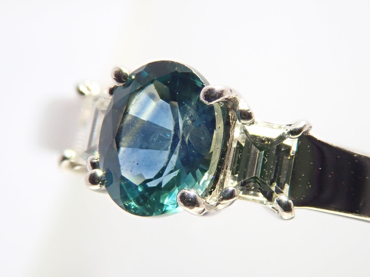 【9/24 22時販売】【カラフリ】Pt900 ティールグリーンサファイア 0.46ct ダイヤモンド0.10ctリング鑑別書