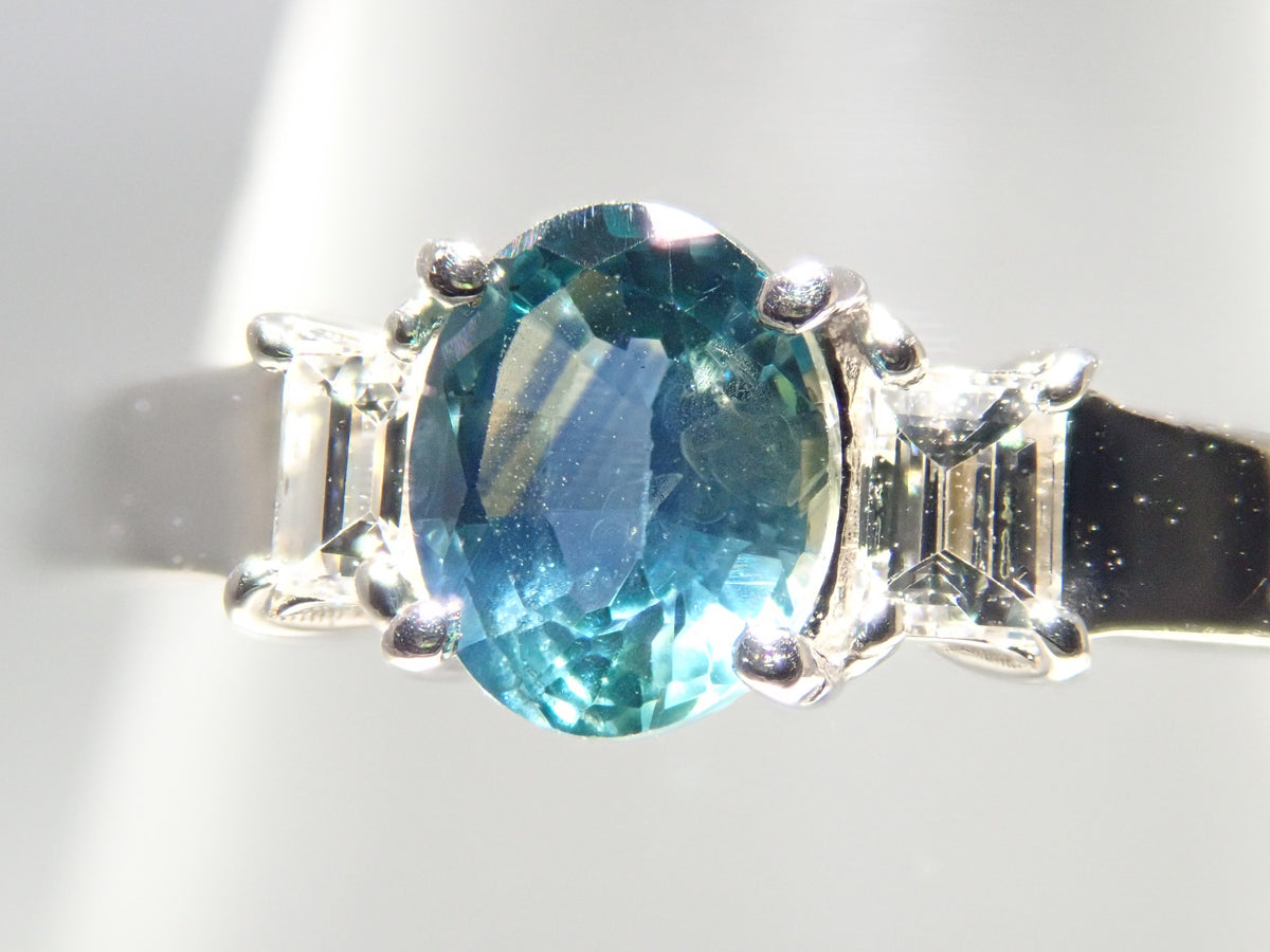 【9/24 22時販売】【カラフリ】Pt900 ティールグリーンサファイア 0.46ct ダイヤモンド0.10ctリング鑑別書