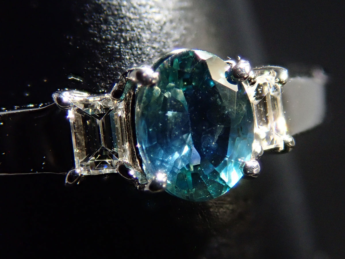 【9/24 22時販売】【カラフリ】Pt900 ティールグリーンサファイア 0.46ct ダイヤモンド0.10ctリング鑑別書
