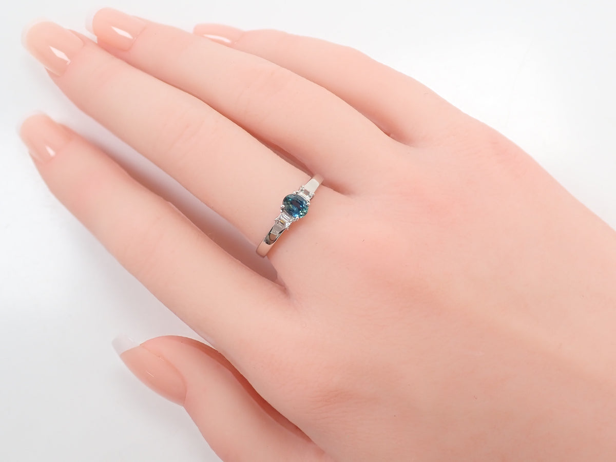 【9/24 22時販売】【カラフリ】Pt900 ティールグリーンサファイア 0.46ct ダイヤモンド0.10ctリング鑑別書