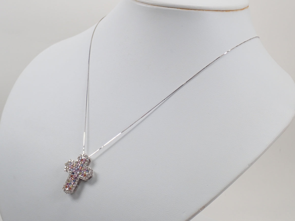 K18WG マルチカラーサファイア0.83ct・ダイヤモンド0.70ct 3WAYクロスペンダント(ネックレス)鑑別書