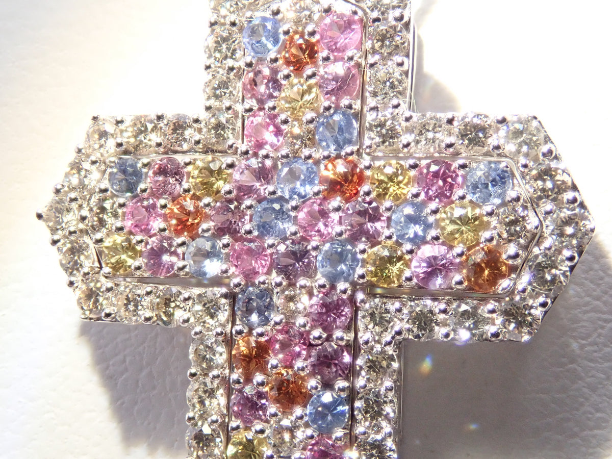 K18WG マルチカラーサファイア0.83ct・ダイヤモンド0.70ct 3WAYクロスペンダント(ネックレス)鑑別書
