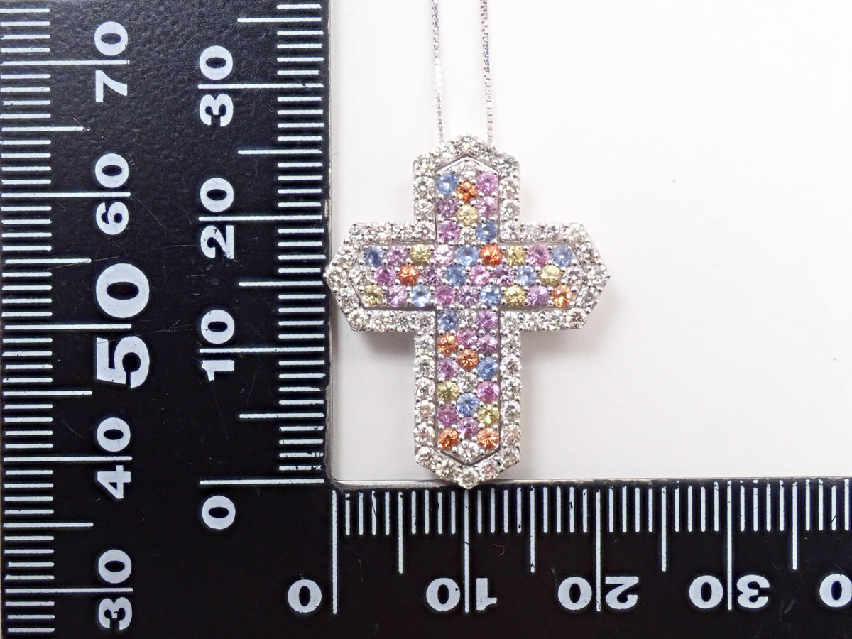 K18WG マルチカラーサファイア0.83ct・ダイヤモンド0.70ct 3WAYクロスペンダント(ネックレス)鑑別書