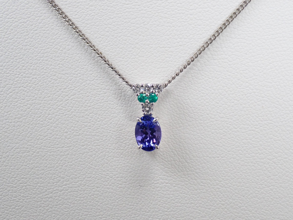 【9/18 22時販売】【カラフリ】Pt900 タンザナイト0.99ct・ダイヤモンド・エメラルド ペンダントトップ鑑別書