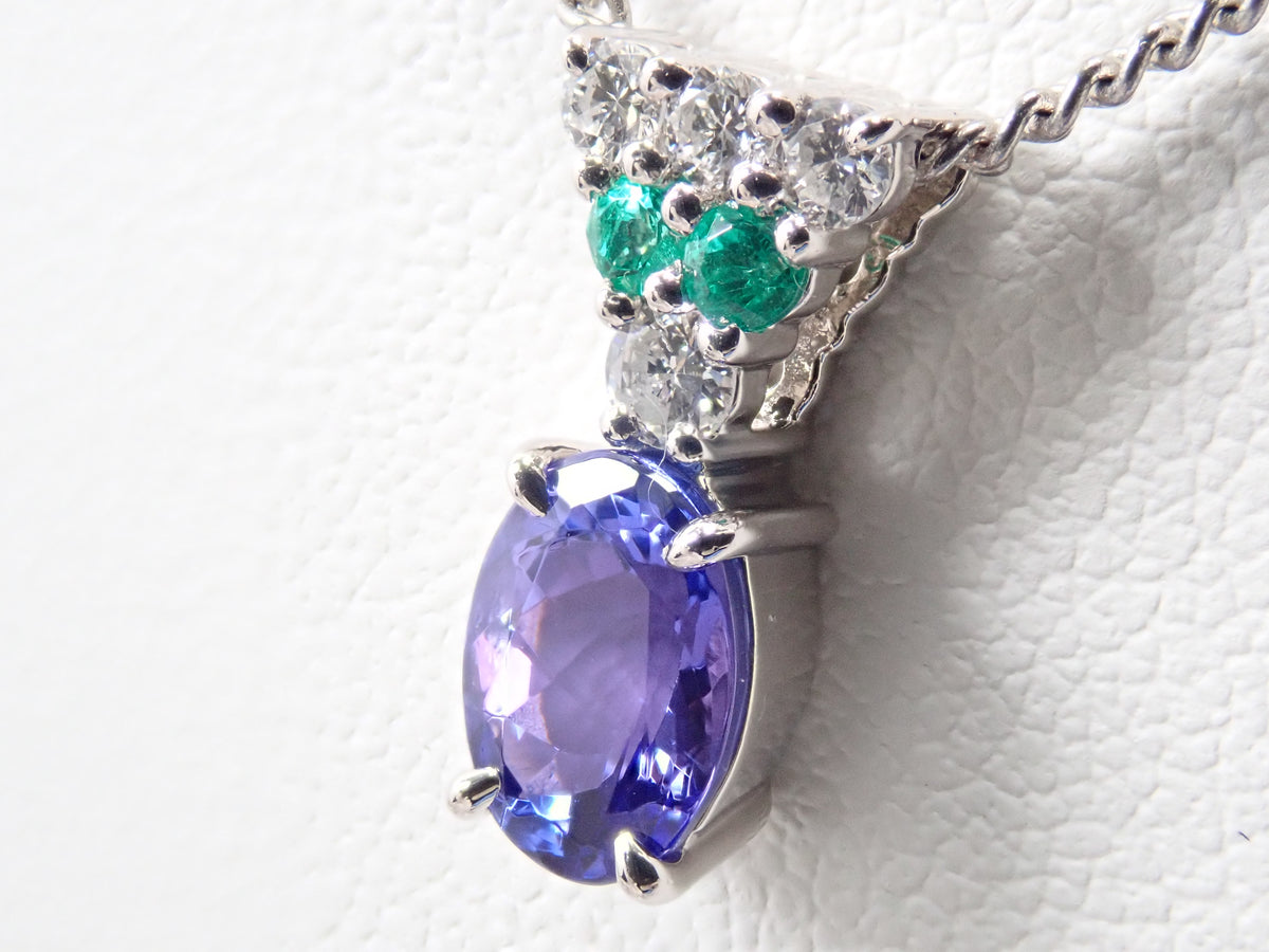 【9/18 22時販売】【カラフリ】Pt900 タンザナイト0.99ct・ダイヤモンド・エメラルド ペンダントトップ鑑別書