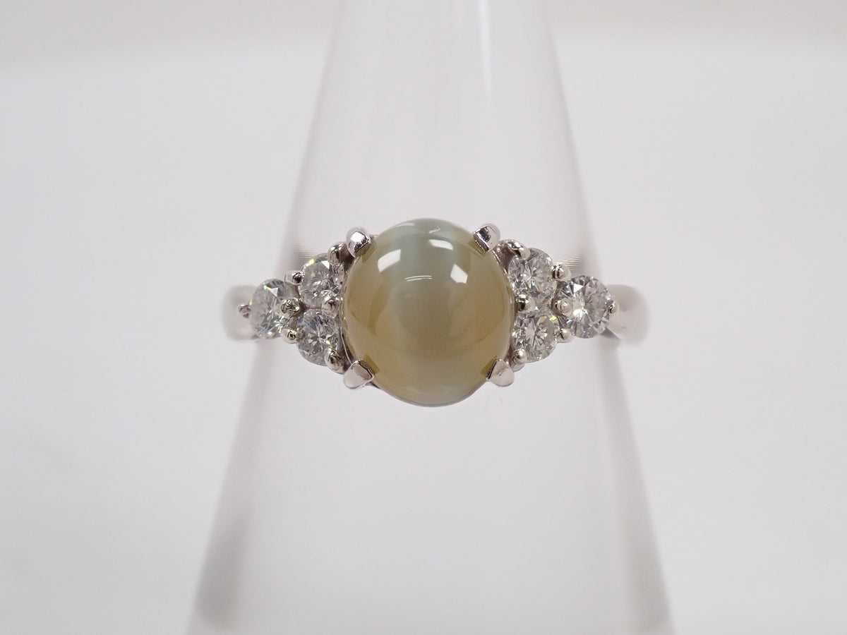 【10/19 22時販売】【カラフリ】Pt900 クリソベリルキャッツアイ 2.35ct ダイヤモンド0.31ctリング鑑別書