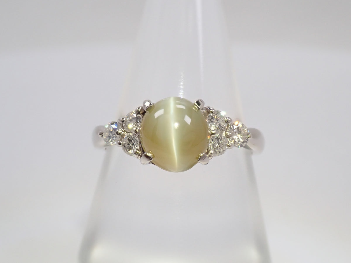【10/19 22時販売】【カラフリ】Pt900 クリソベリルキャッツアイ 2.35ct ダイヤモンド0.31ctリング鑑別書