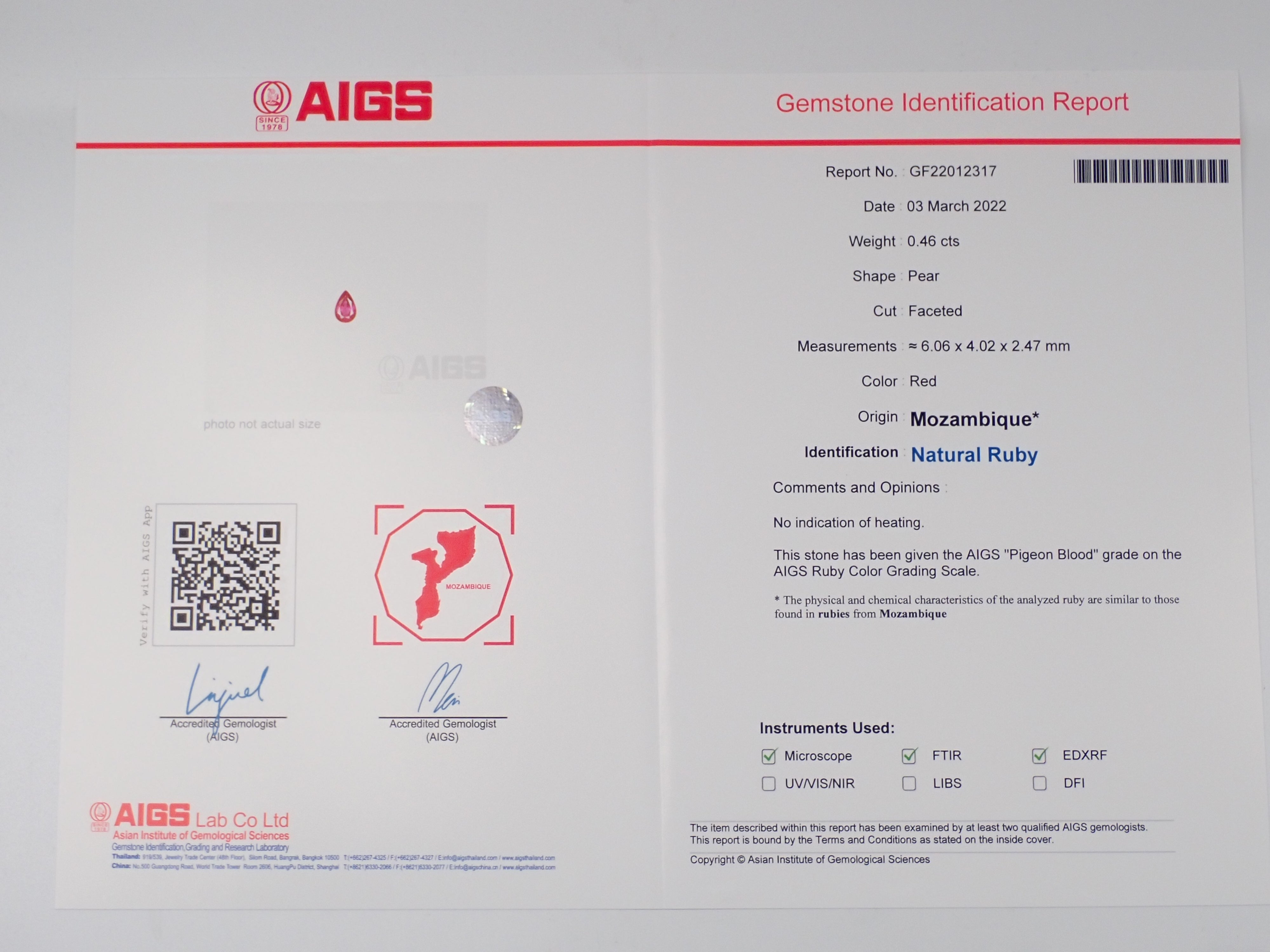 莫三比克未加熱鴿血紅紅寶石 0.460 克拉散裝 AIGS