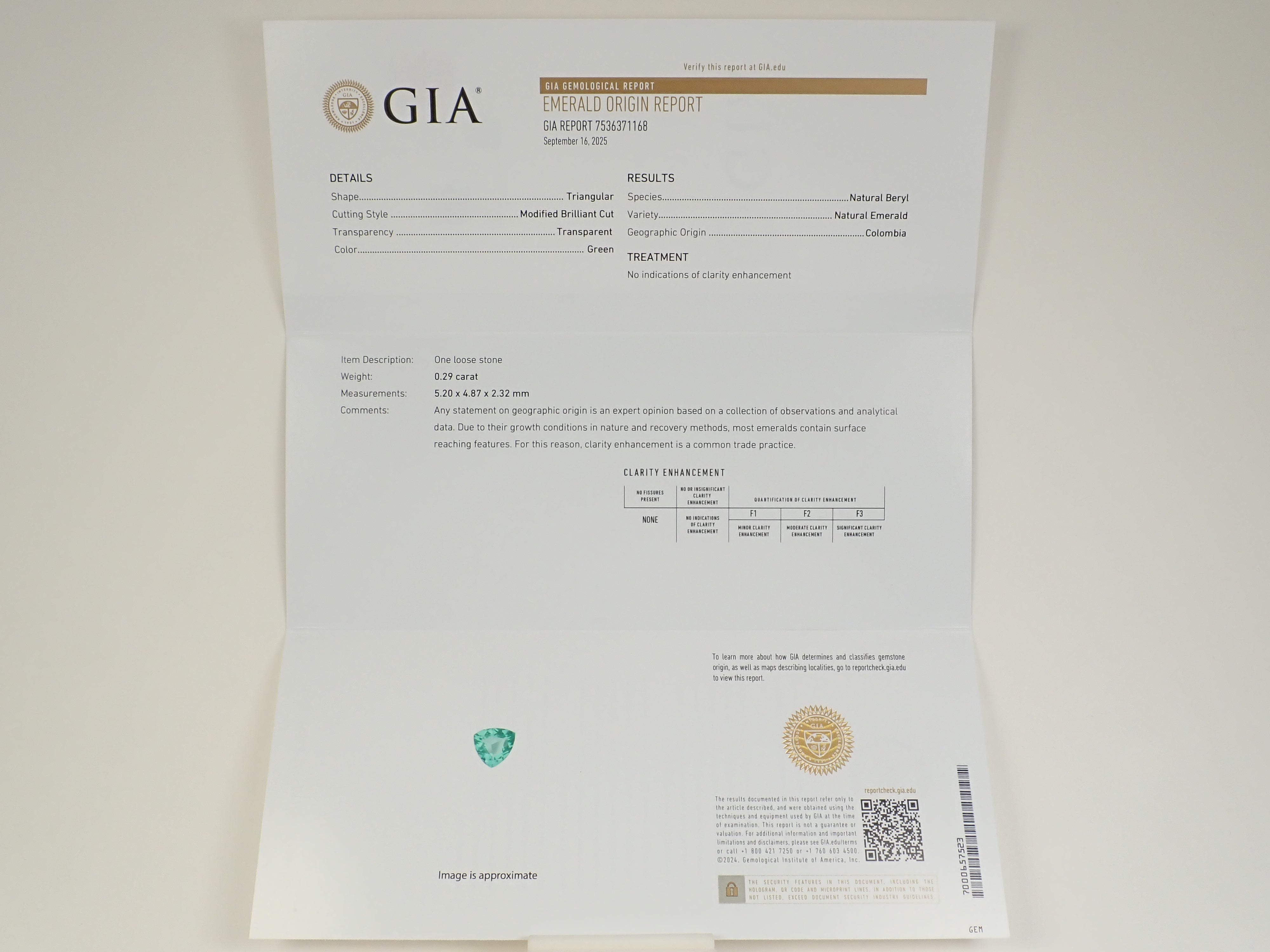 【抽選販売:10/31(金)10時am〆】コロンビア産ノンオイルエメラルド 0.290ctルース GIA
