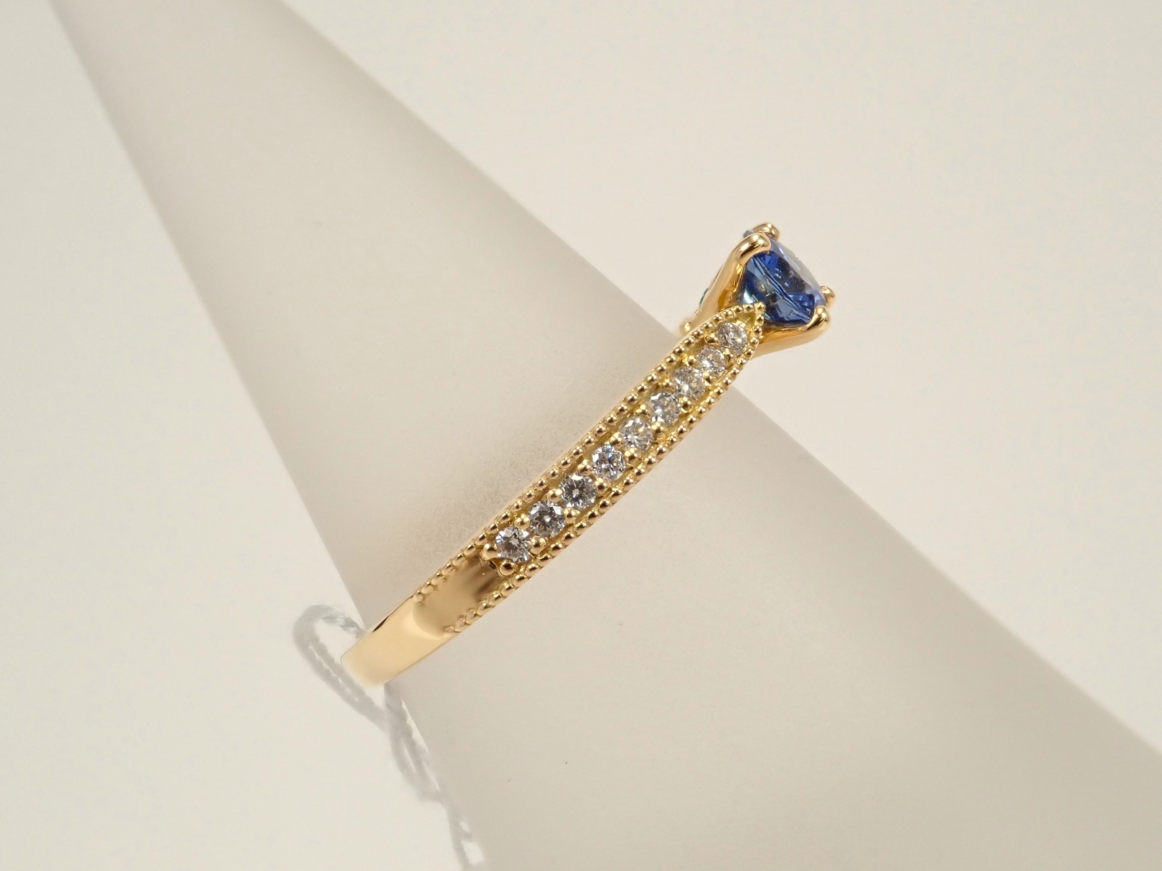 【抽選販売110904】K18YG コーンフラワーブルーサファイア 4.5mm/0.41ct・アウイナイト・パライバトルマリン リング