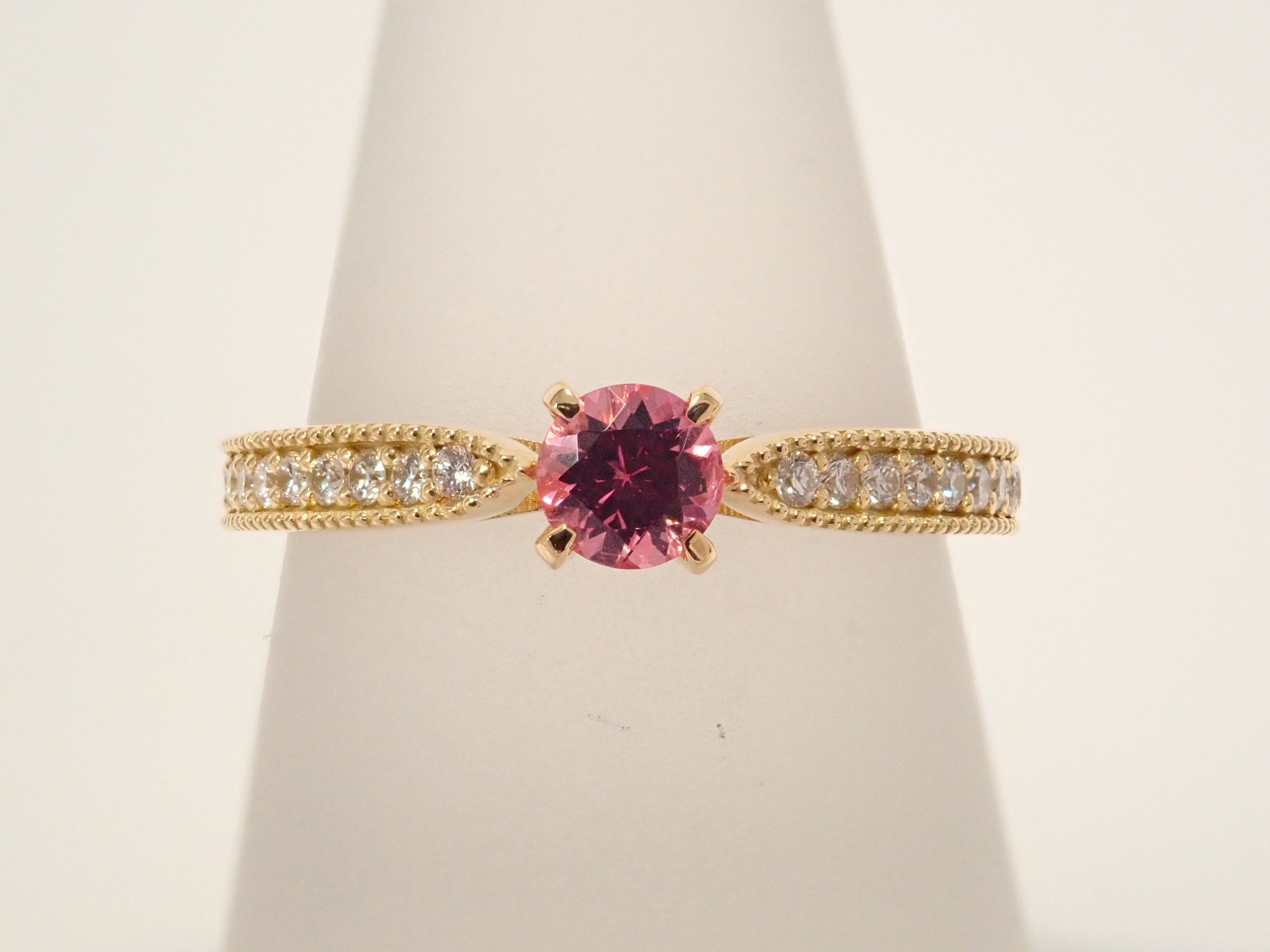 【抽選販売110903】K18YG ミャンマー産ピンクスピネル 3.9mm/0.276ct ・ホットピンクスピネルリング