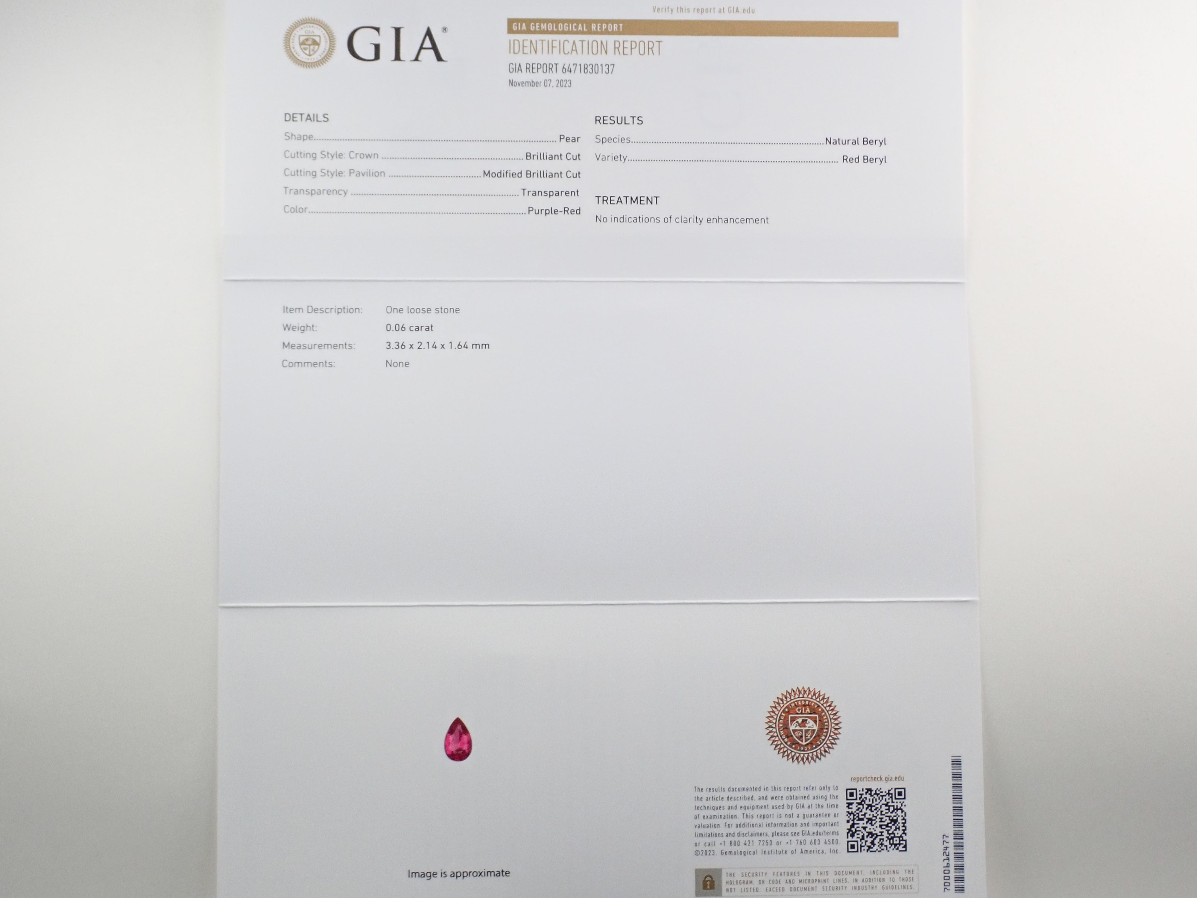 アメリカ産ノンオイルレッドベリル 0.060ctルース GIA