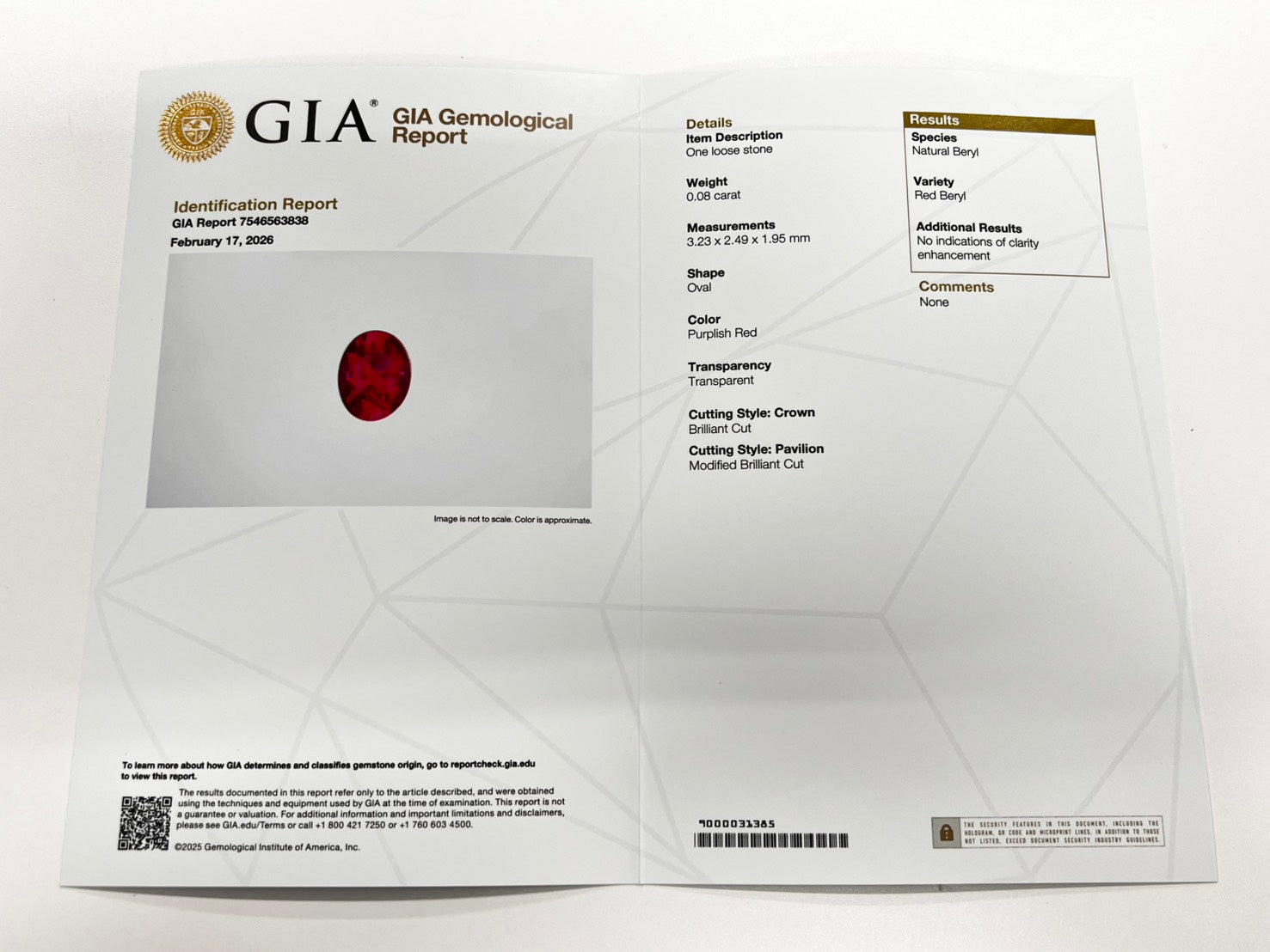 アメリカ産ノンオイルレッドベリル 0.085ctルース GIA