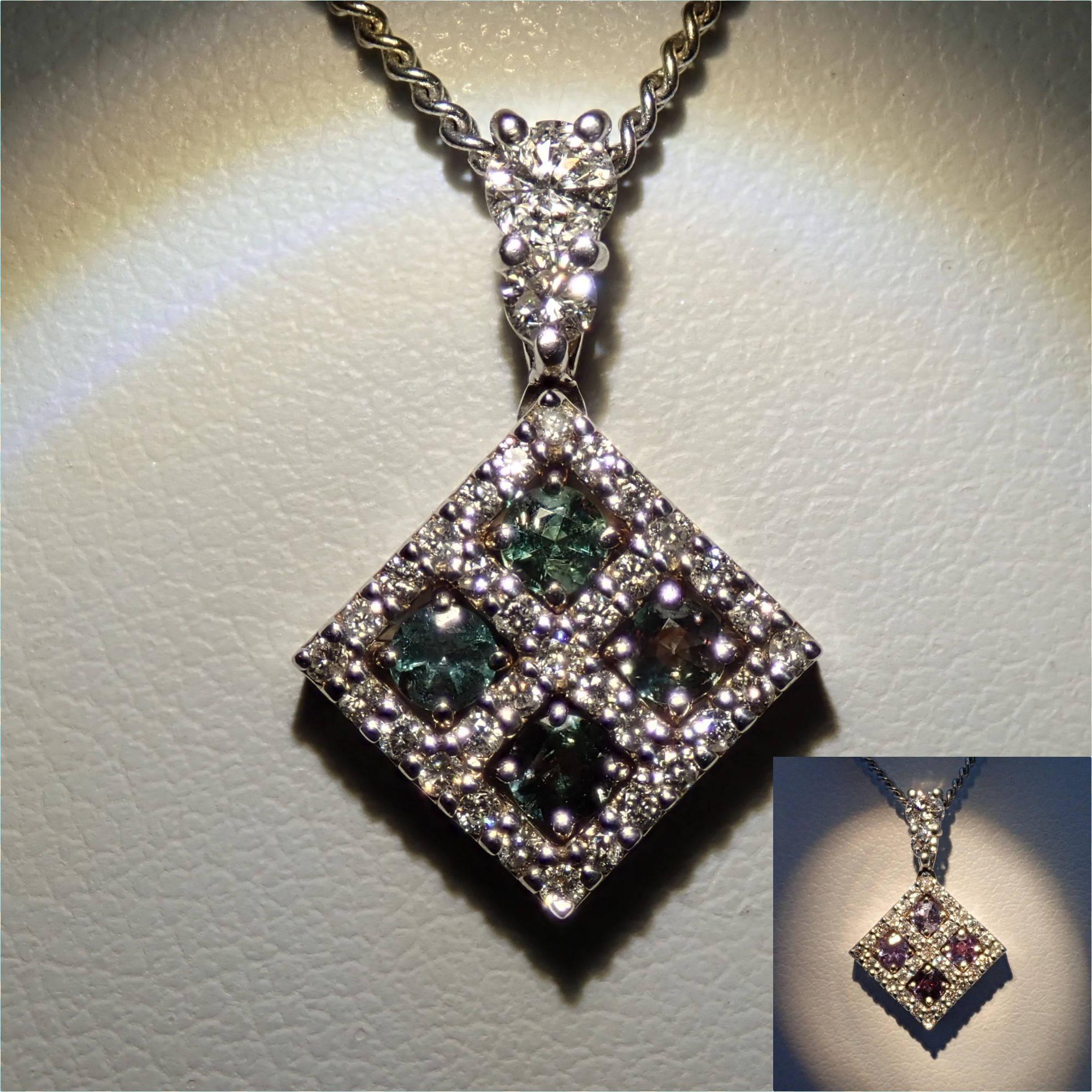 【8/31 22時販売】【カラフリ】K18WG アレキサンドライト 0.32ct ダイヤモンド0.29ctペンダントトップ(ネックレストップ)鑑別書