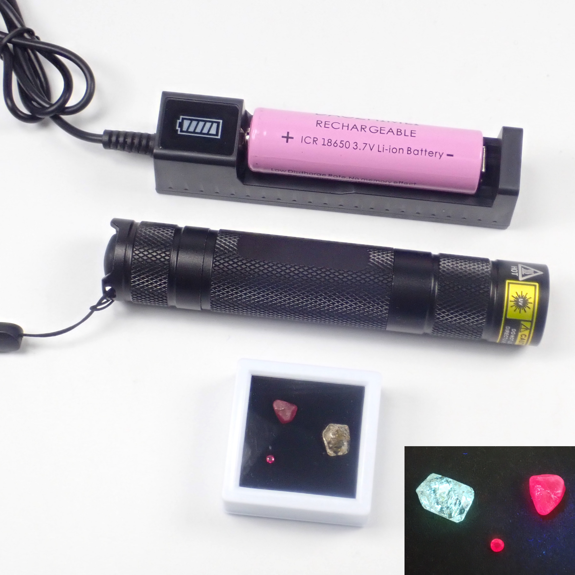 【宝石商の道具】ブラックライト・ルース3点(ルビー・レッドスピネル原石・オイルインクォーツ)充電式電池付き