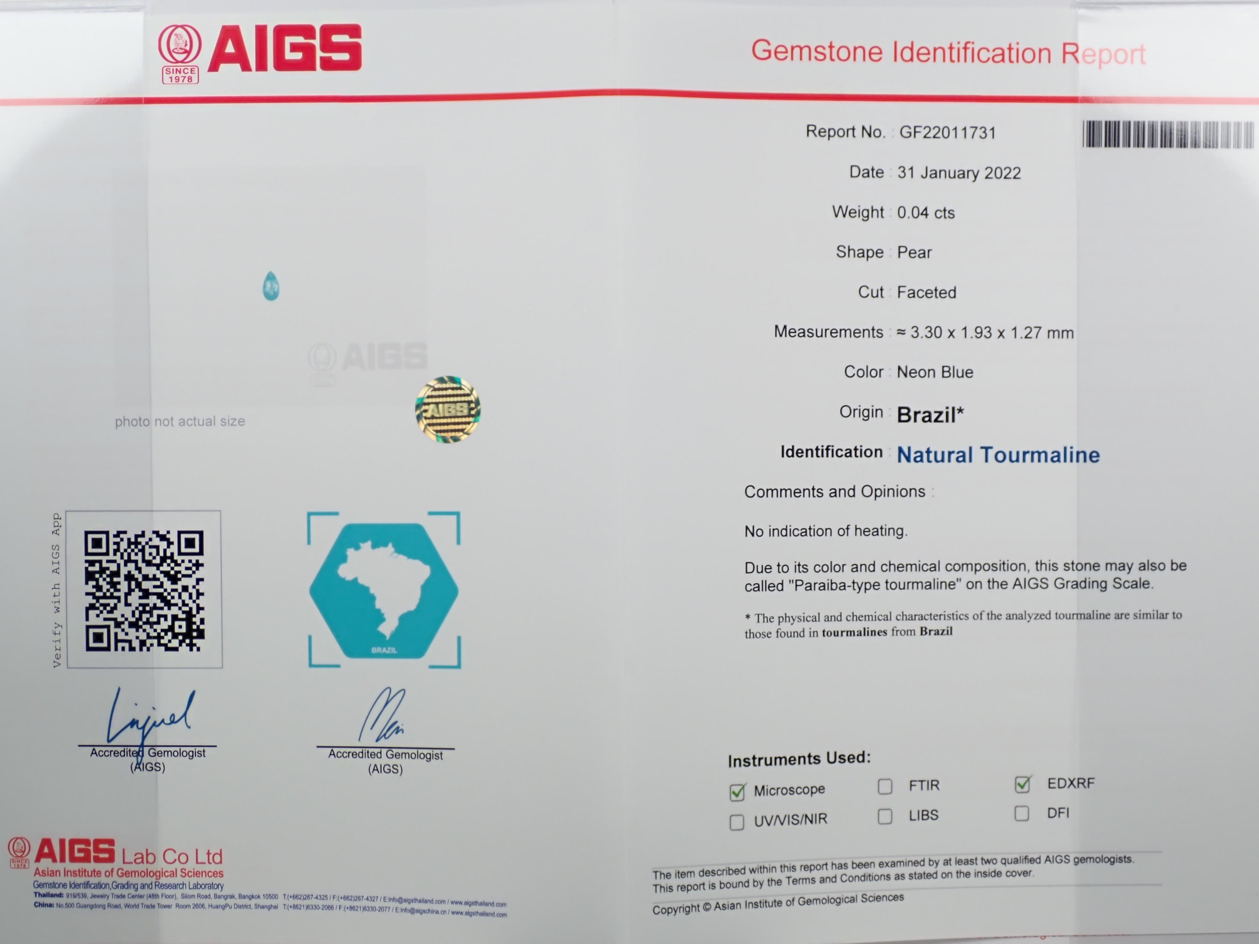 非加熱ブラジル産パライバトルマリン 0.040ctルース AIGS